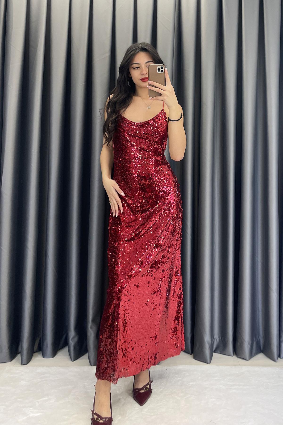 Askılı Pullu Uzun Elbise - Kırmızı KIRMIZI