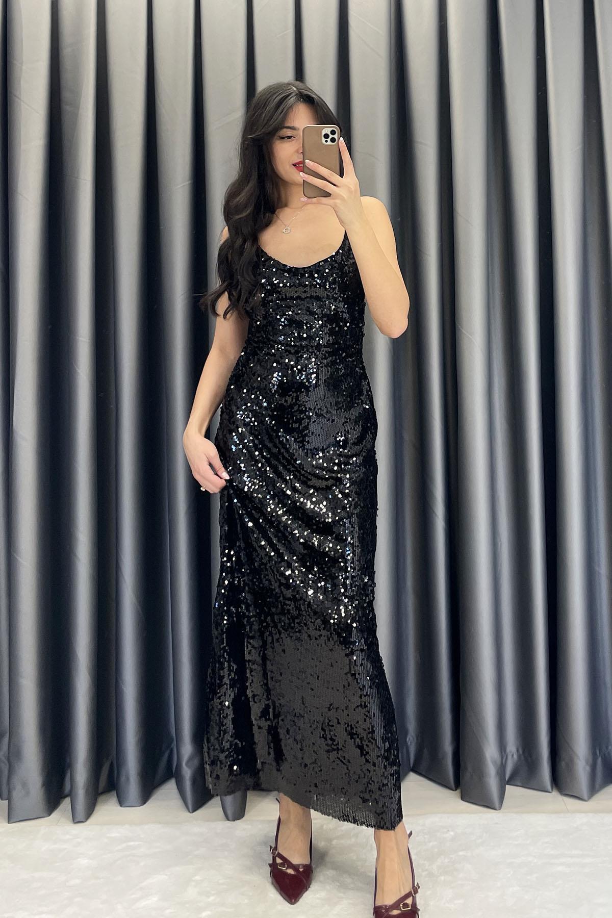 Askılı Pullu Uzun Elbise - Siyah SİYAH