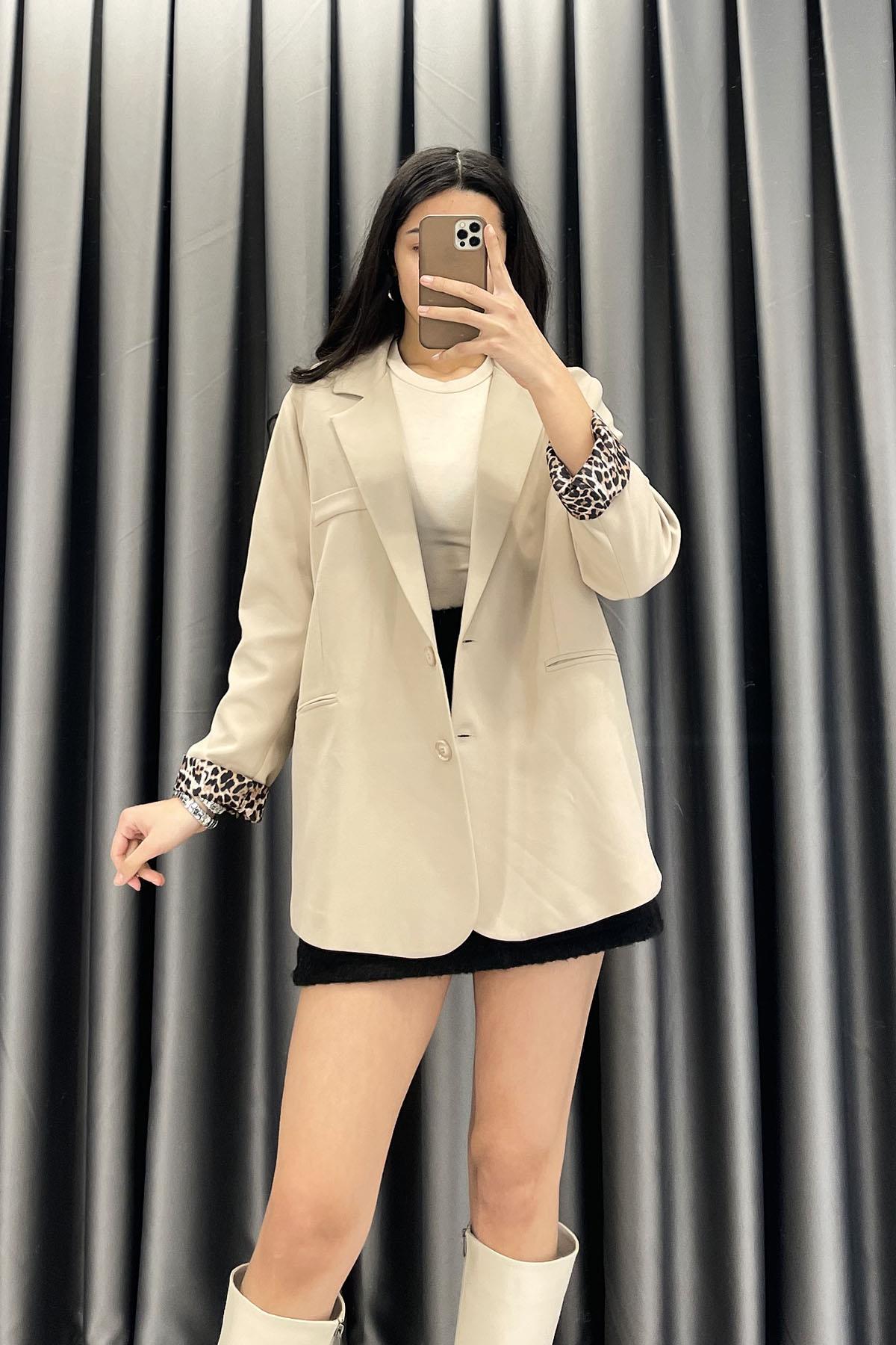 Astarı Leopar Desenli Çift Düğme Blazer Ceket - Taş TAŞ