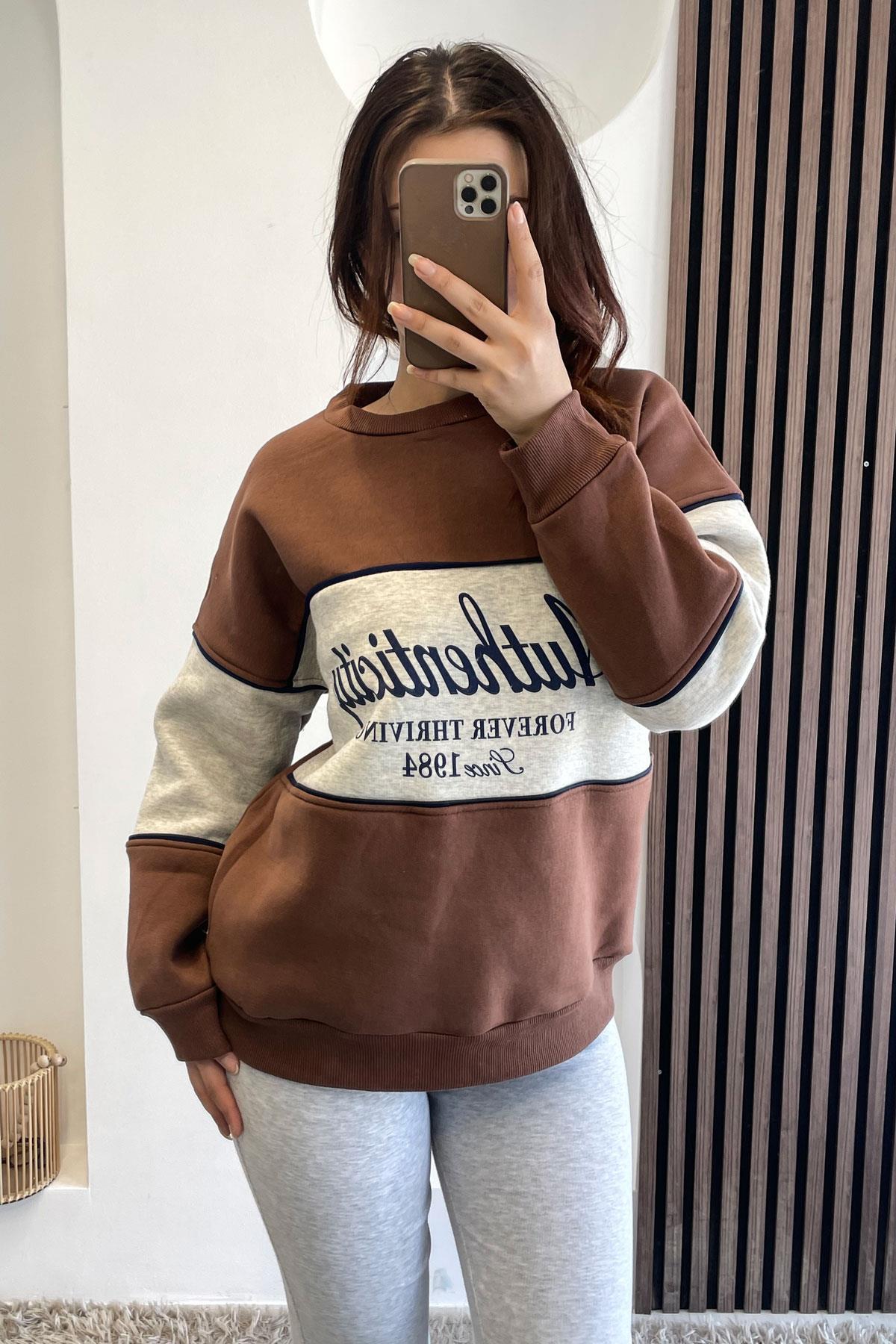 Authenticity Yazı Baskılı Sweat - Kahve KAHVE