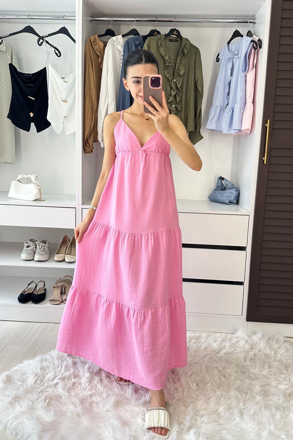 Ayarlanabilir İp Askılı Müslin Elbise - Pembe PEMBE