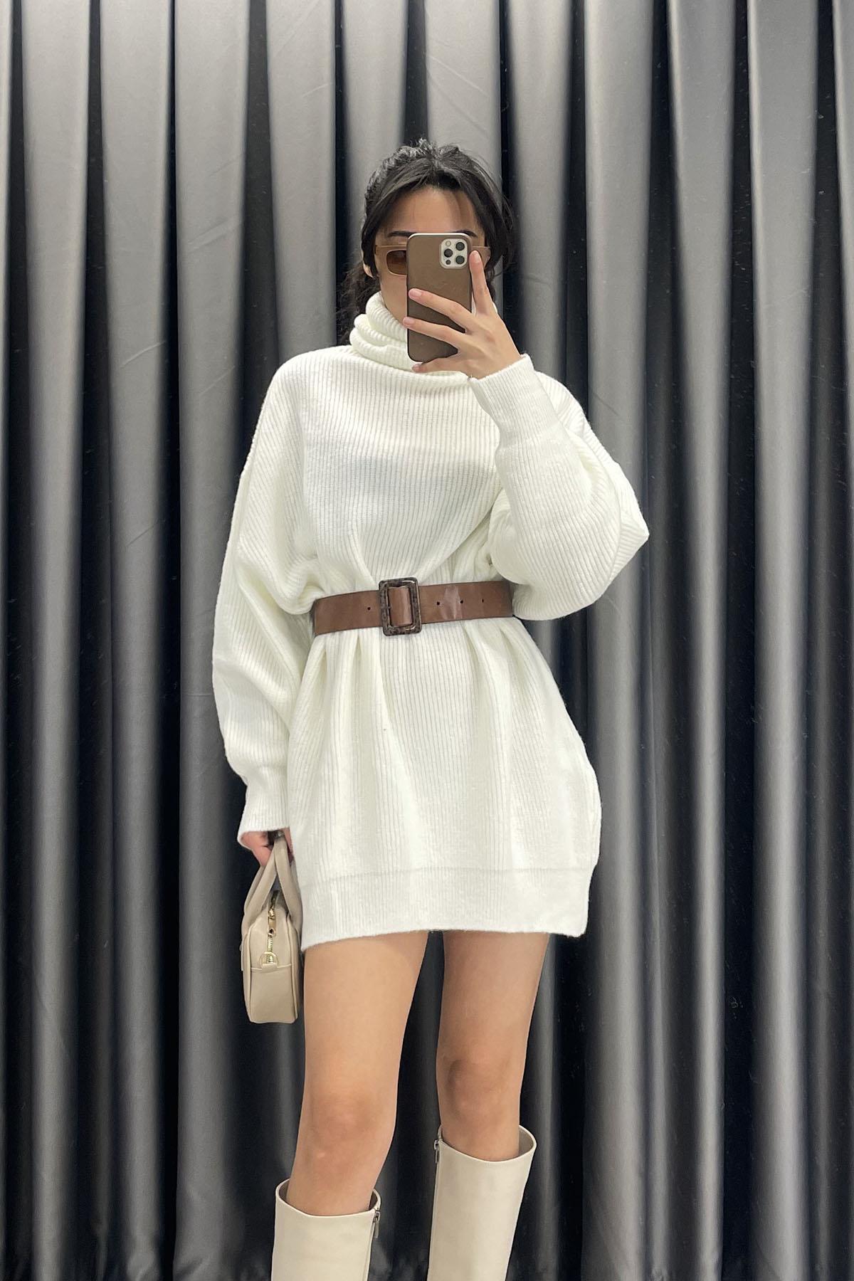 Balıkçı Yaka Selanik Örgü Oversize Kazak - Ekru EKRU