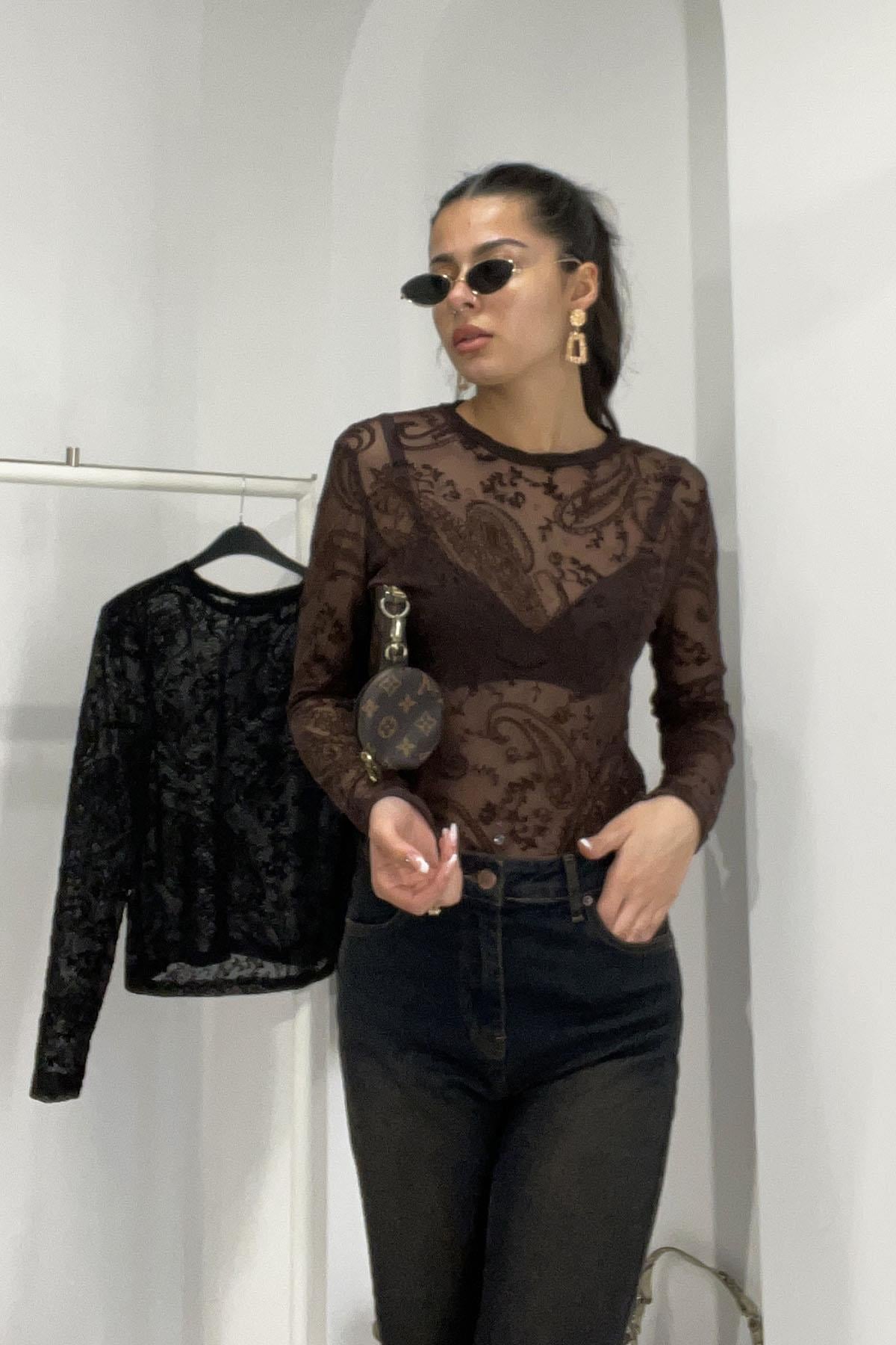 Baskı Desen Transparan Bluz - Kahve KAHVE