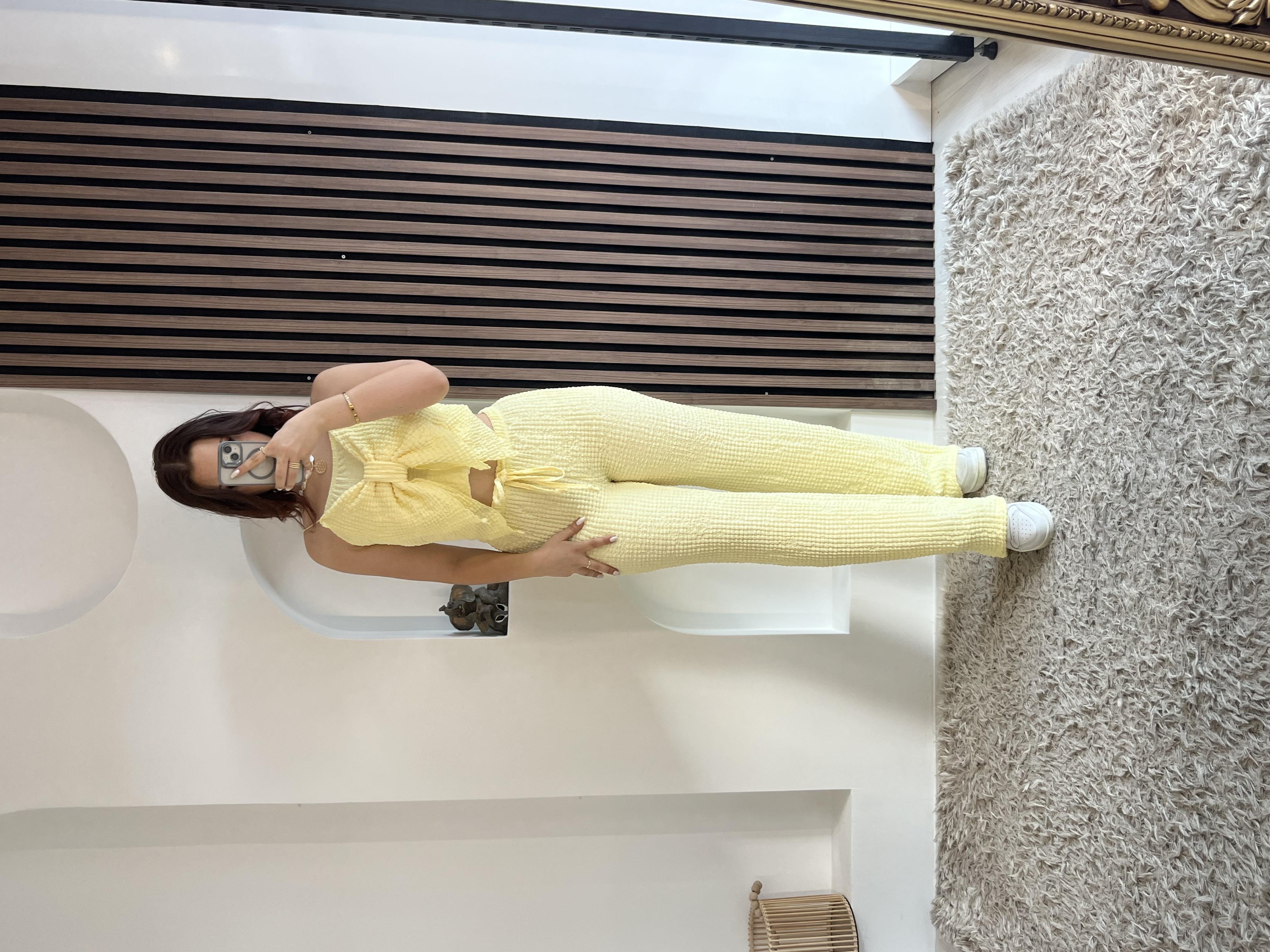 Bel Ayarlamalı Bol Paça Gofre Pantalon - Sarı SARI