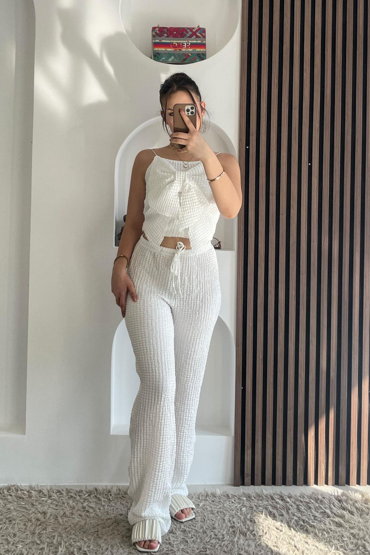 Bel Ayarlamalı Bol Paça Gofre Pantalon - Ekru EKRU