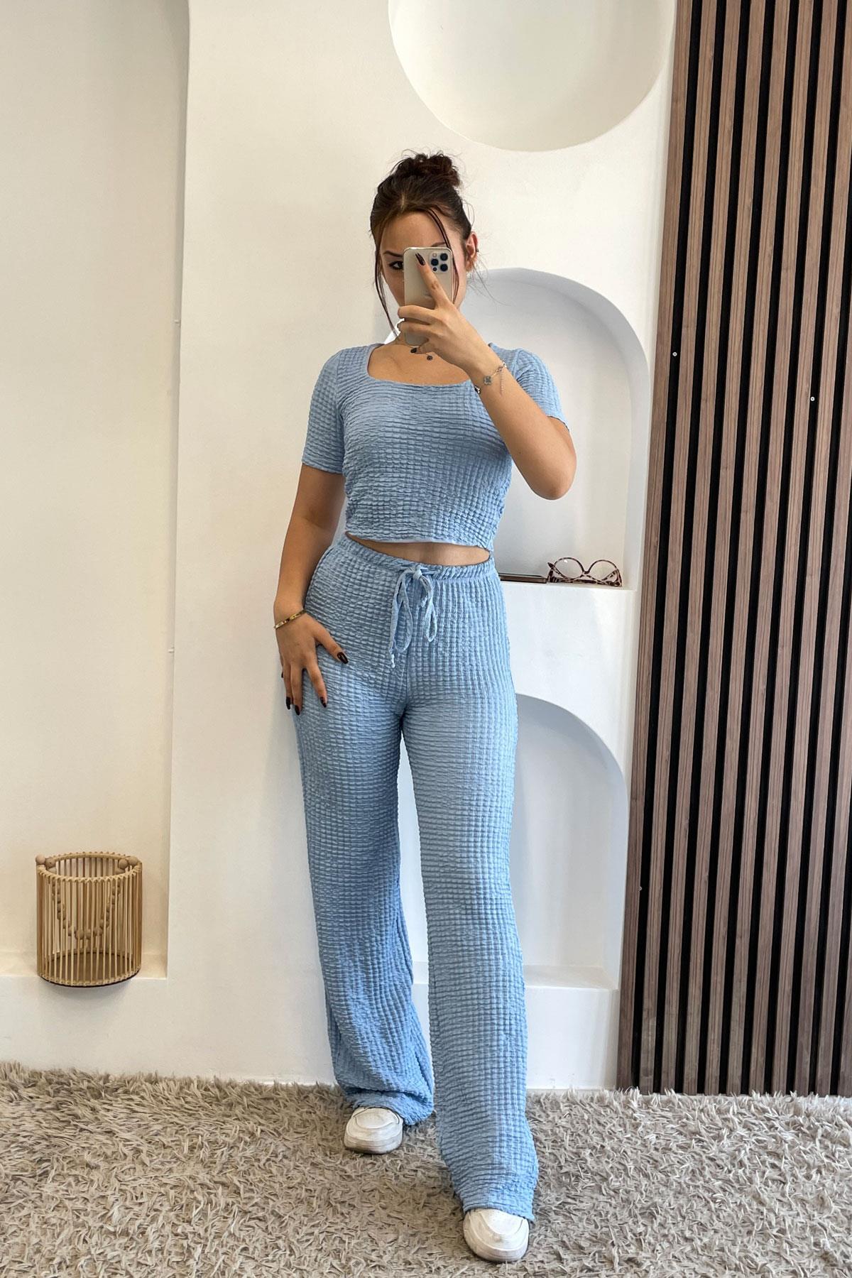 Bel Ayarlamalı Bol Paça Gofre Pantalon - Bebe Mavi Bebe Mavi