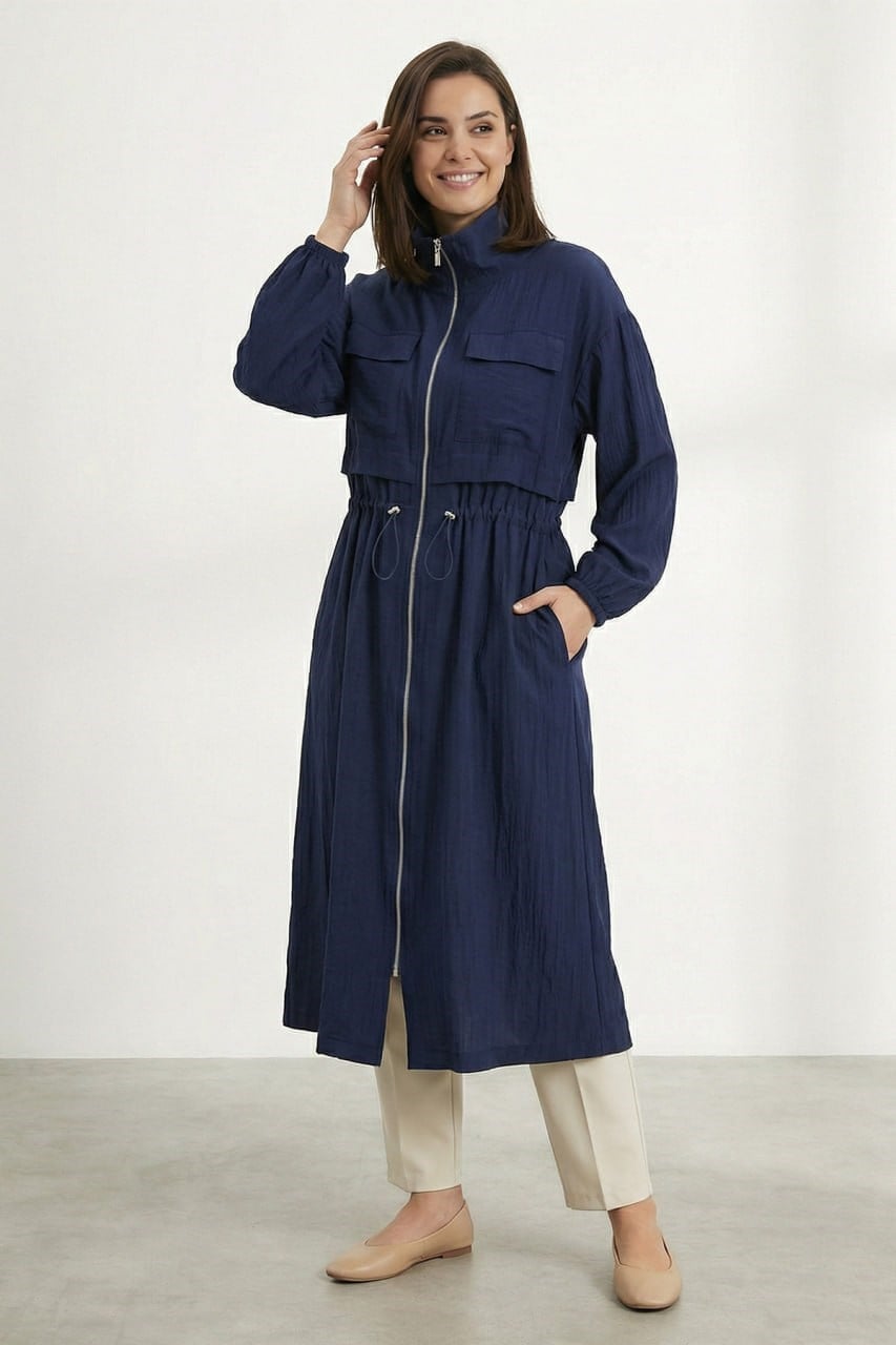 Bel Ayarlamalı Çift Cepli Kap-Lacivert LACİVERT