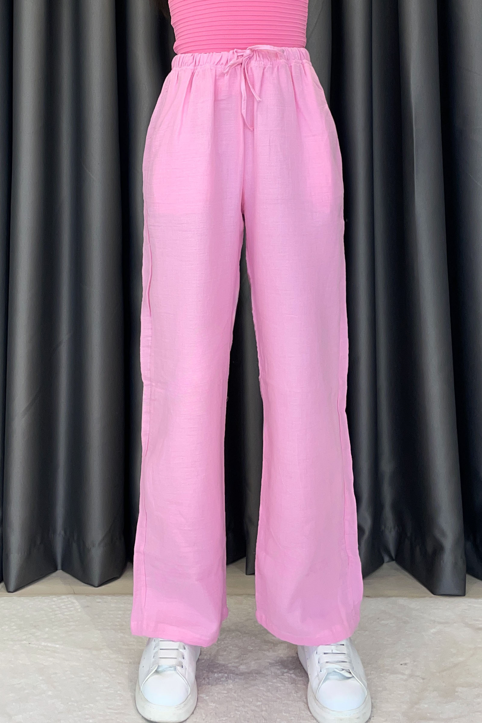 Bel Ayarlamalı Müslin Kumaş Pantolon - Pembe PEMBE