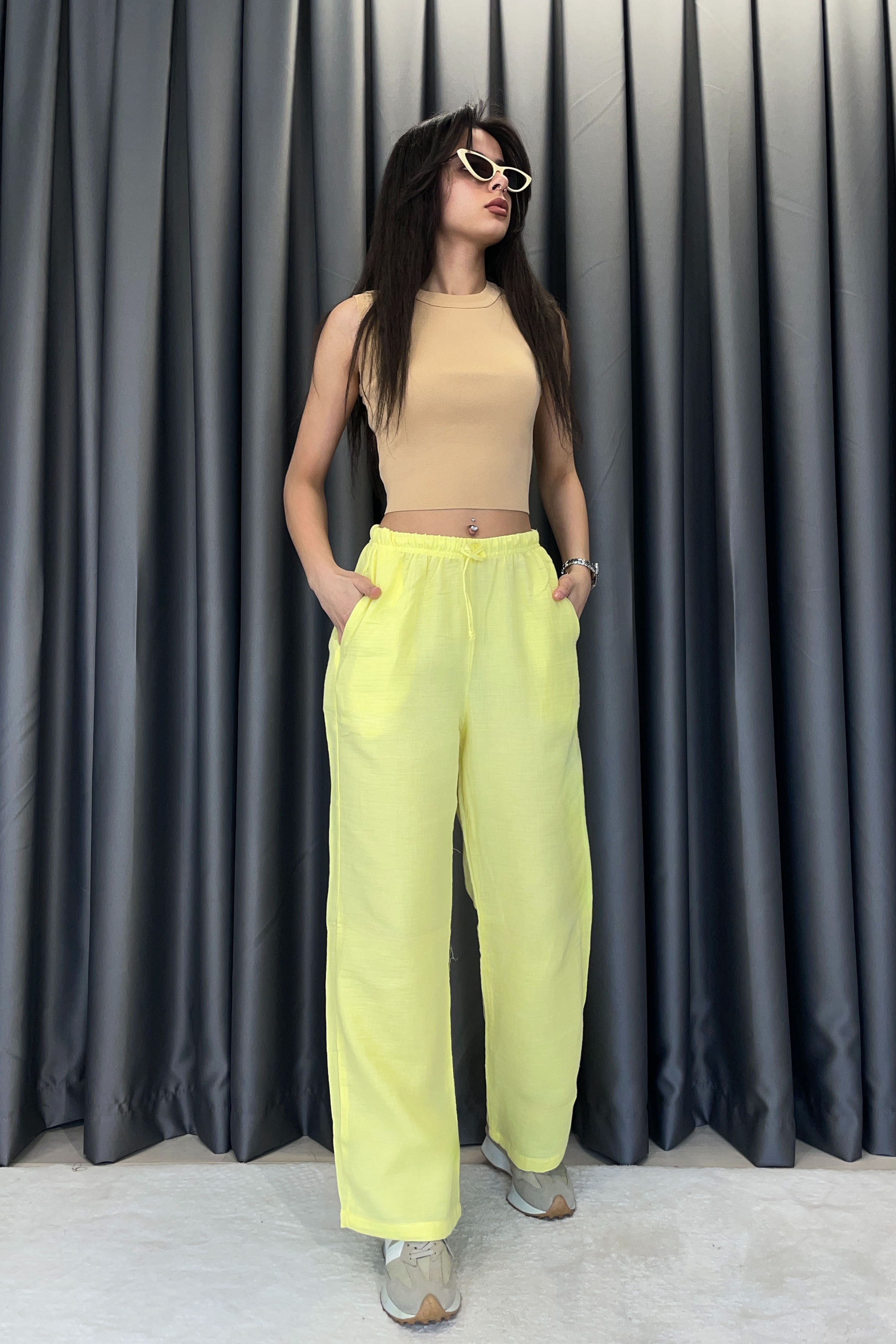 Bel Ayarlamalı Müslin Kumaş Pantolon - Sarı SARI