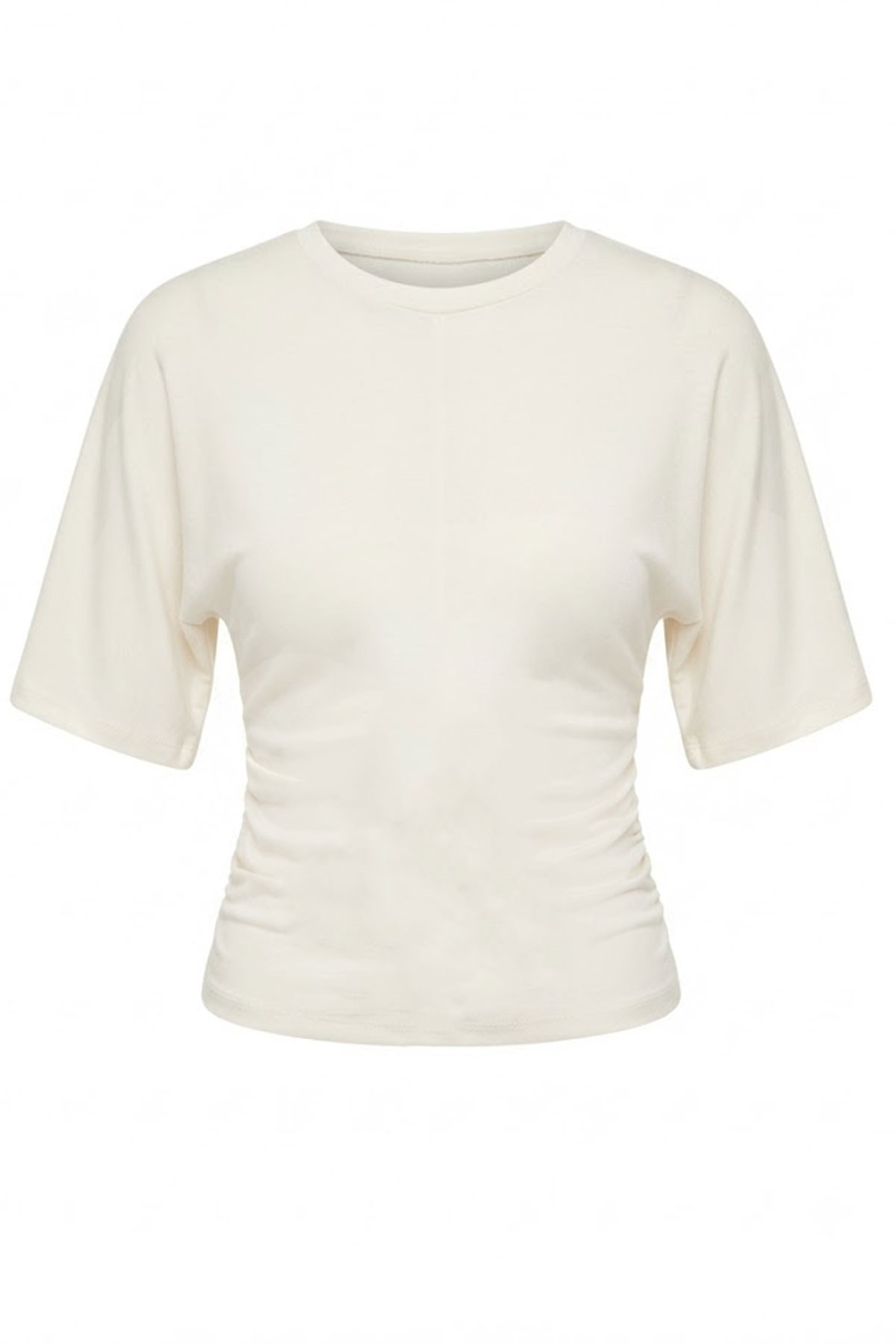 Bel Büzgü Detay Yarasa Kol T-shirt EKRU