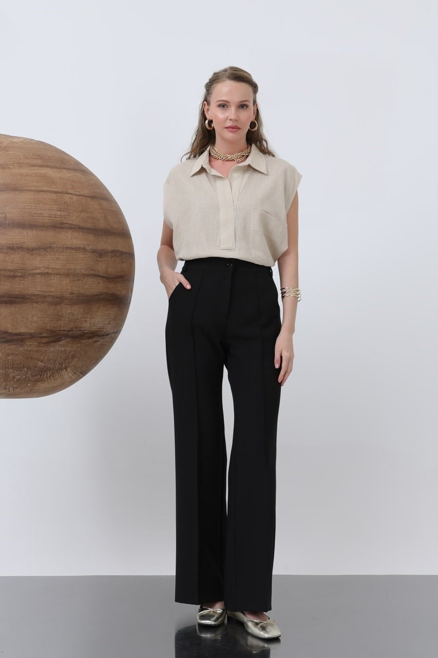 Bel Lastik Cep Detay İspanyol Paça Pantolon-Siyah SİYAH