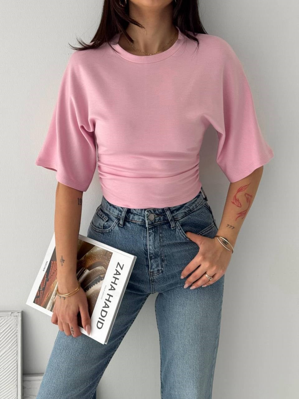 Bisiklet Yaka Bel Büzgü Detay T-shirt- Pembe PEMBE