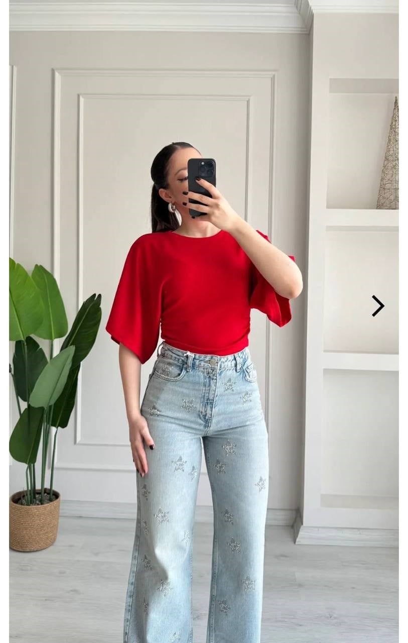Bisiklet Yaka Bel Büzgü Detay T-shirt KIRMIZI