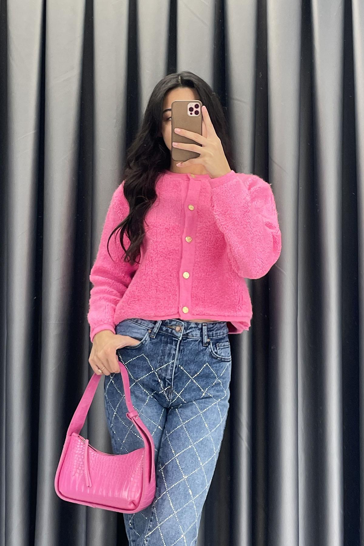 Bisiklet Yaka Gold Düğme Ceket - Pembe PEMBE