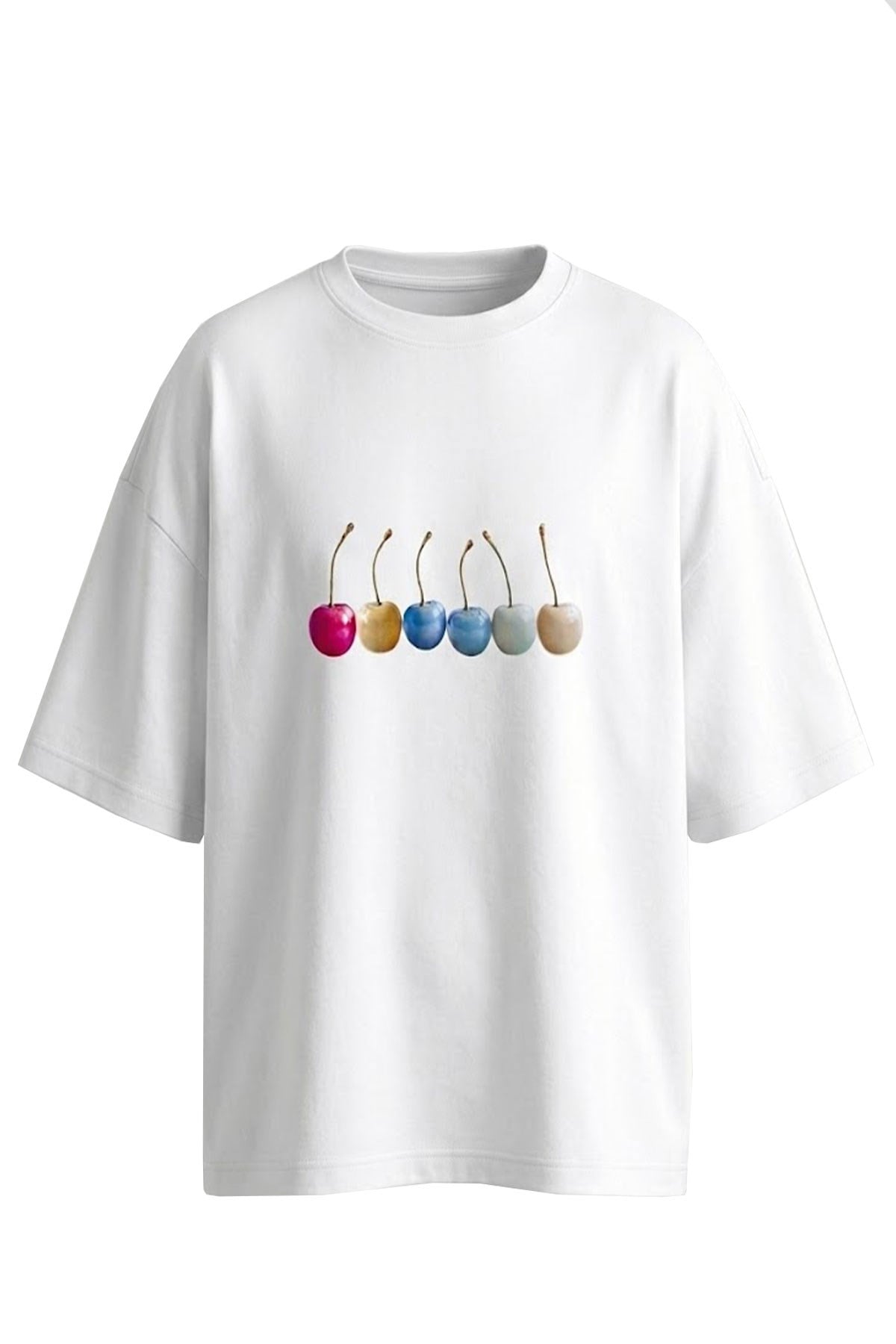 Bisiklet Yaka Kiraz Baskılı T-shirt EKRU