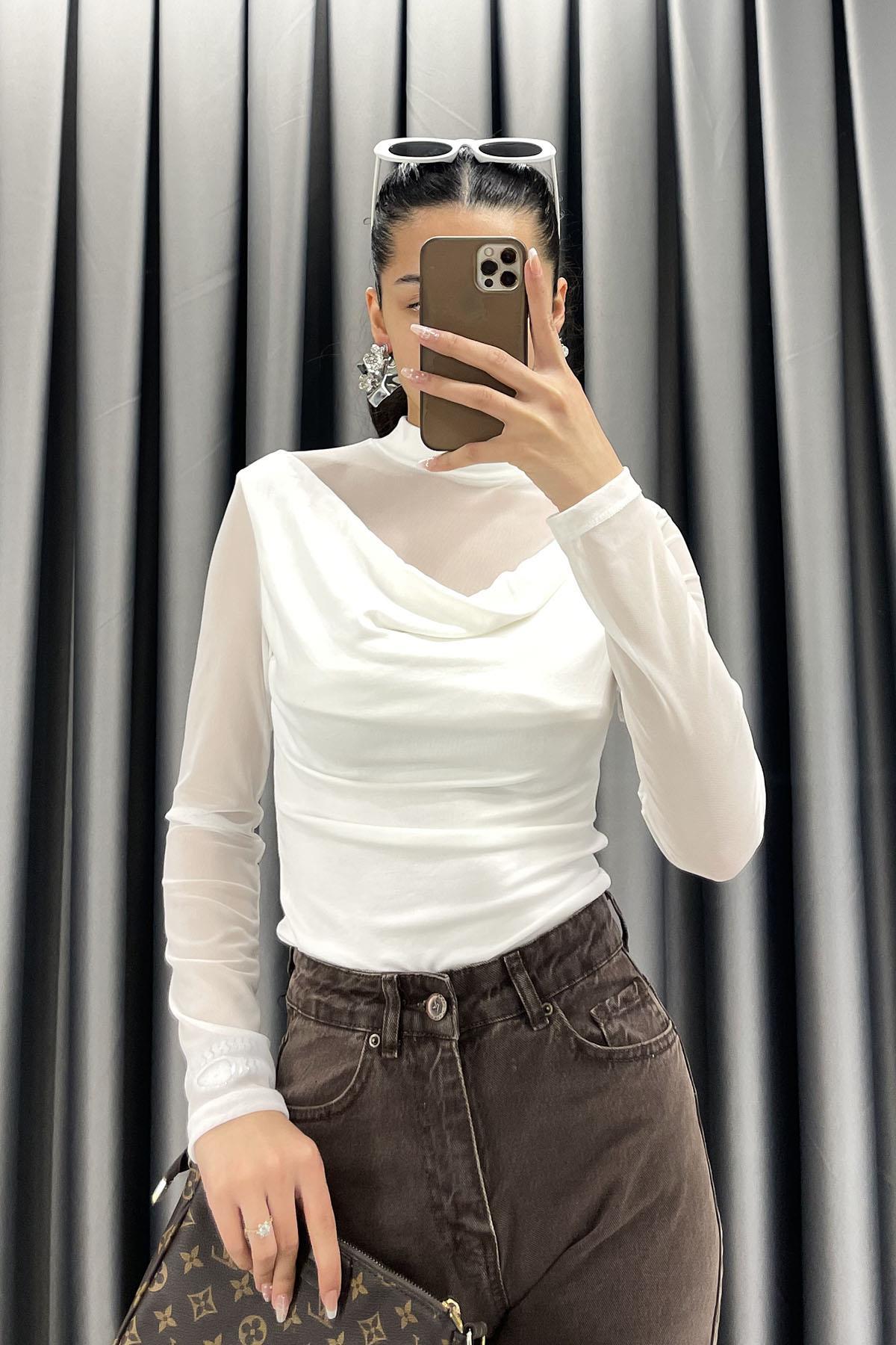 Boğazlı Tül Kol Drape Bluz - Ekru EKRU