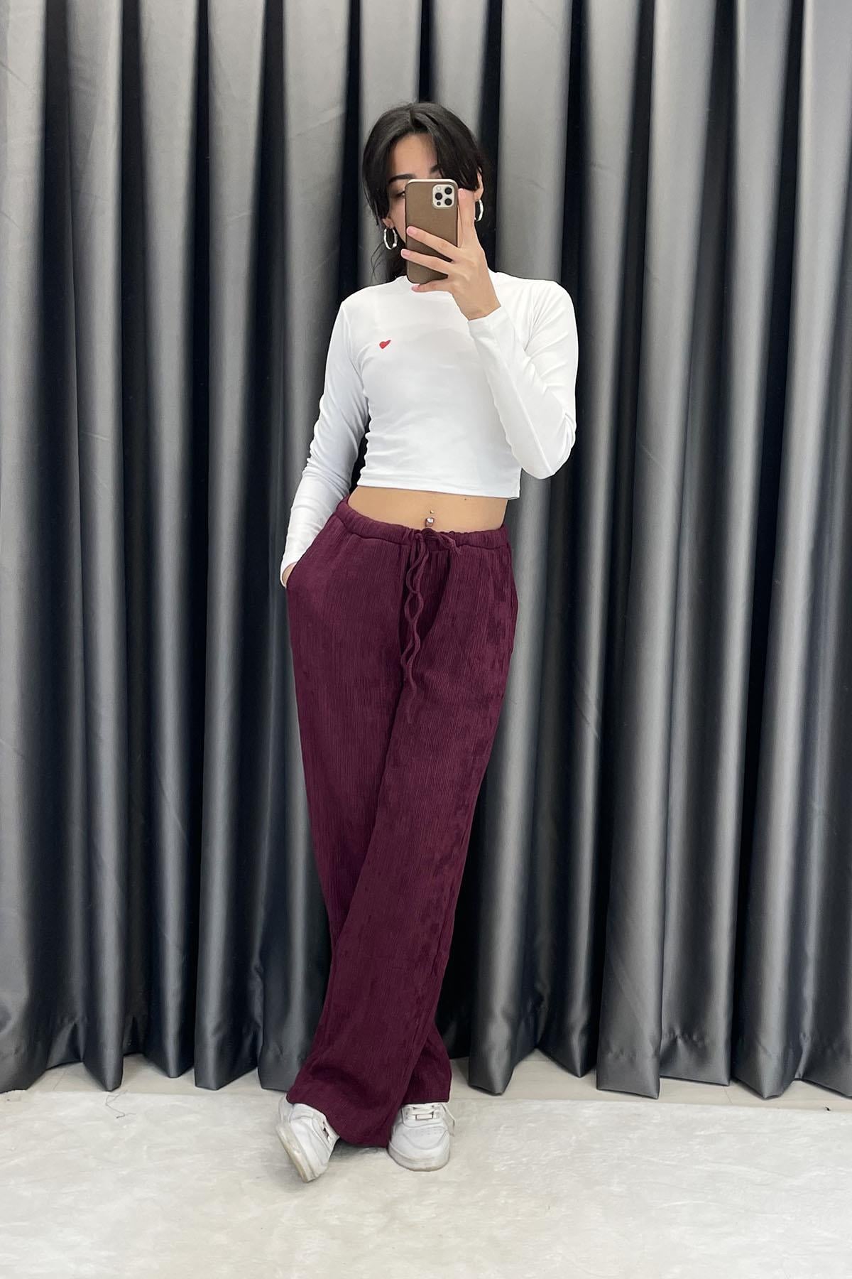 Bol Paça Şardonlu Akordiyon Pantalon - Mürdüm MÜRDÜM