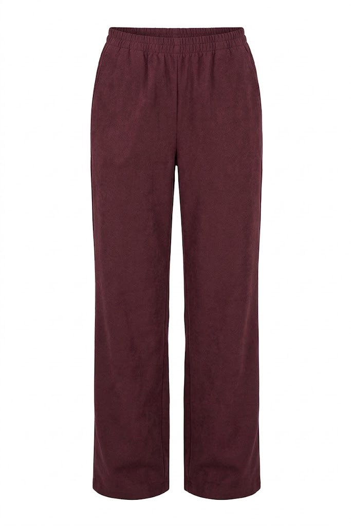 Bordo -  Dokuma Kumaş Bel Lastikli Bol Paça Pantolon BORDO