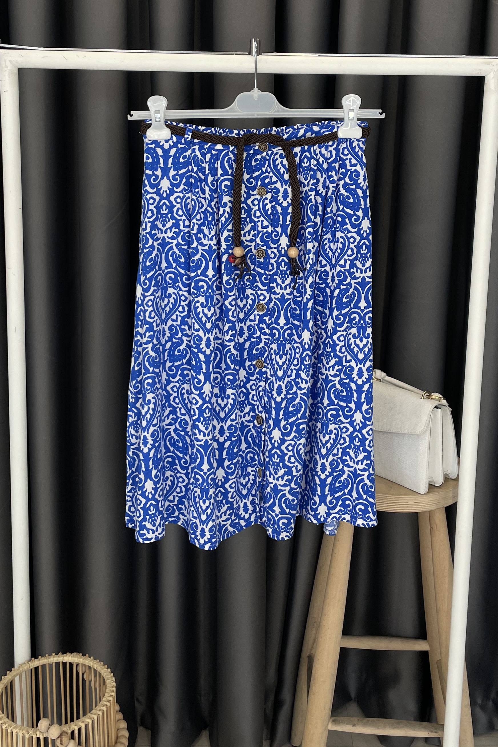 Boydan Düğmeli Hasır Kemerli Etek - Saks SAKS