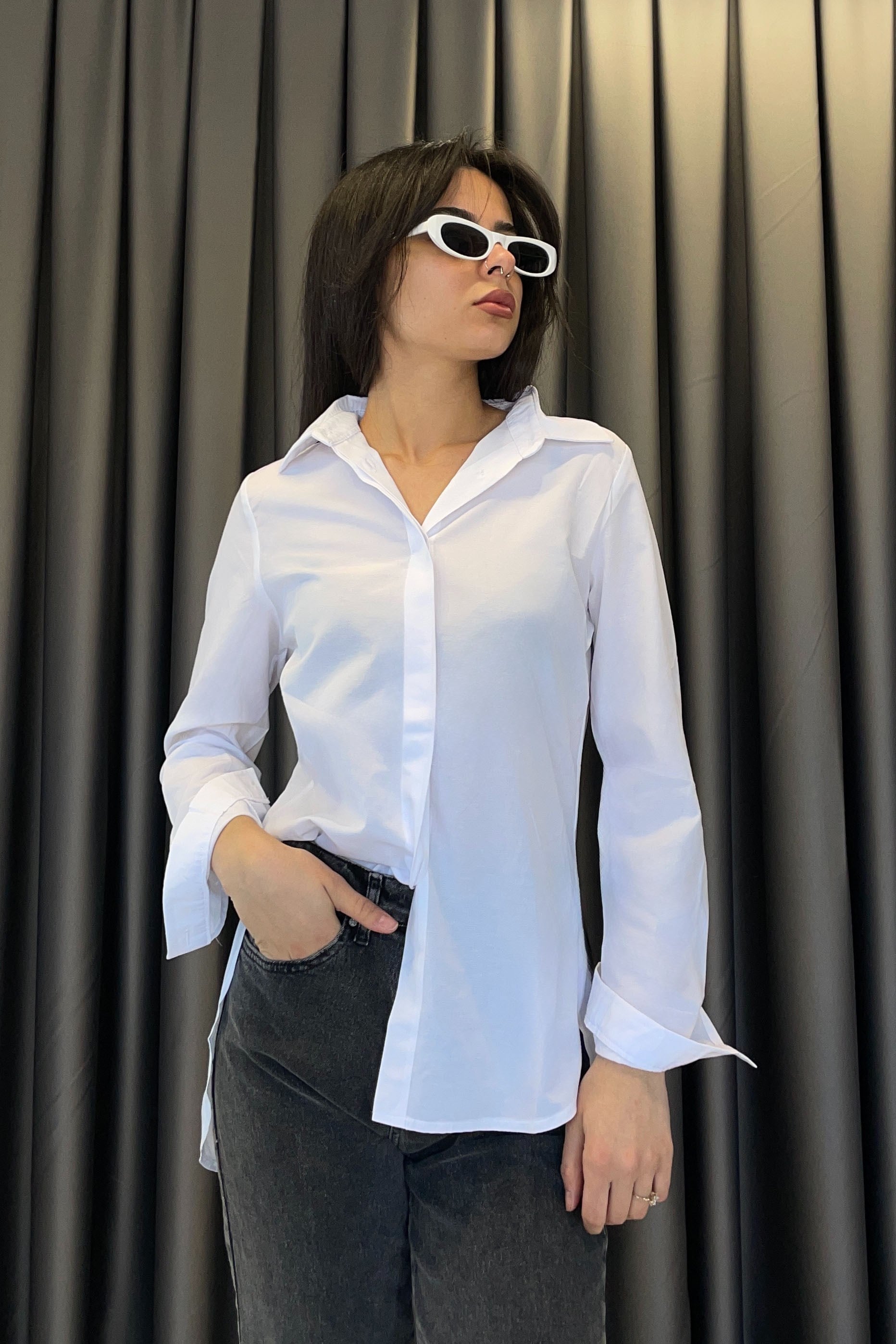 Boyfriend Yan Yırtmaçlı Gömlek - Ekru EKRU