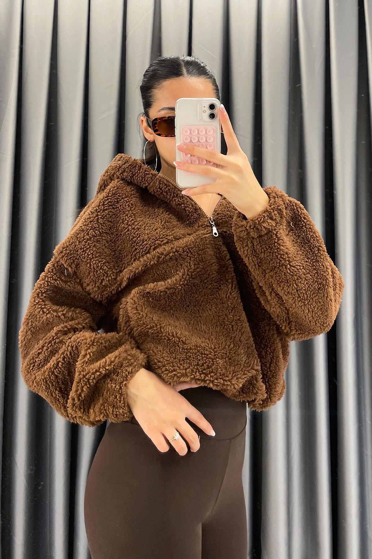Boyun Fermuarlı Altı Lastikli Peluş Sweat - Kahve KAHVE
