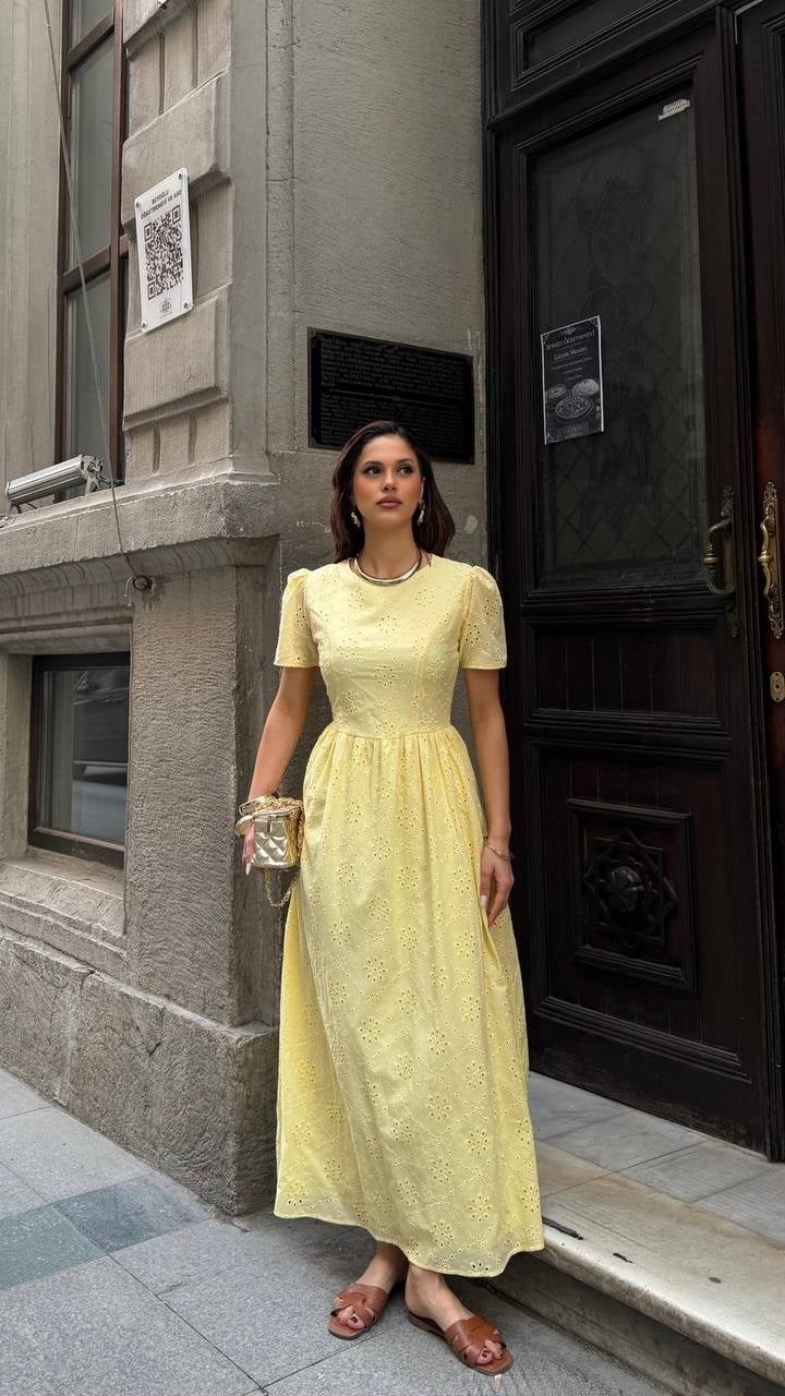 Brode Çiçek İşlemeli Astarlı Elbise- Sarı SARI