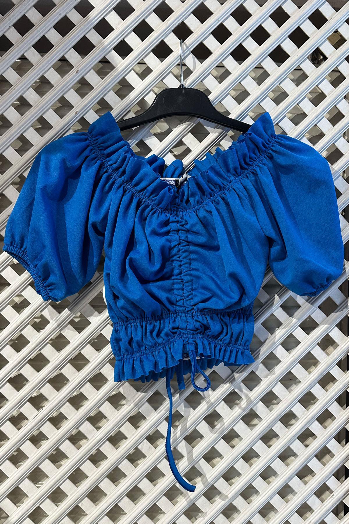 Carmen Yaka Büzgülü Crop Bluz - Açık Mavi AÇIK MAVİ