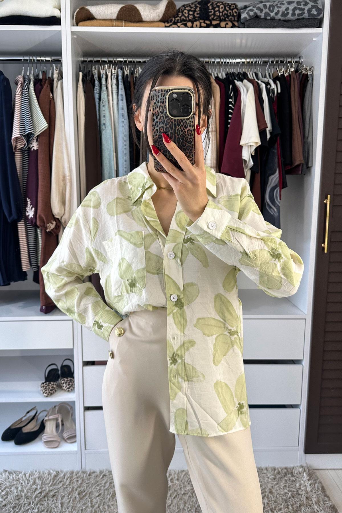 Çiçek Desenli Gömlek - Mint MİNT