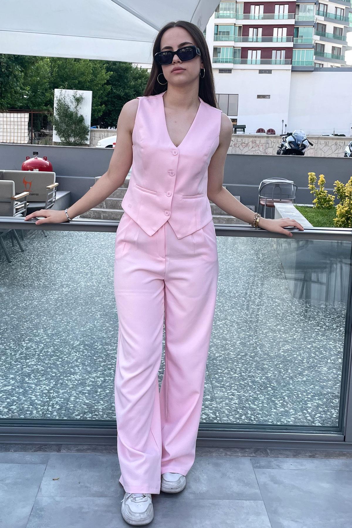 Çift Pileli Palazzo Kumaş Bol Paça Pantolon - Pembe PEMBE