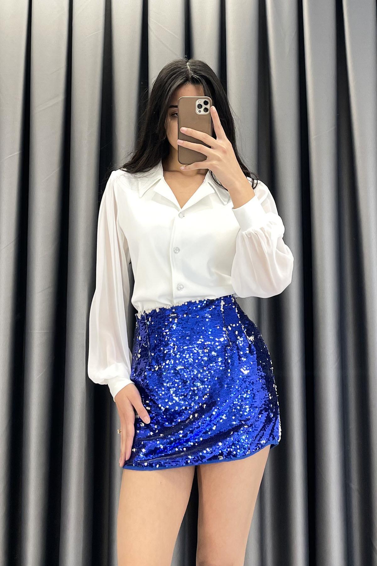 Çift Renk Pullu Mini Etek - Saks SAKS
