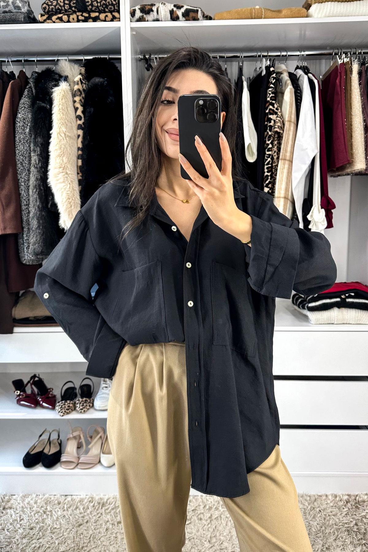 Çift Torba Cep Detay Keten Gömlek - Siyah SİYAH