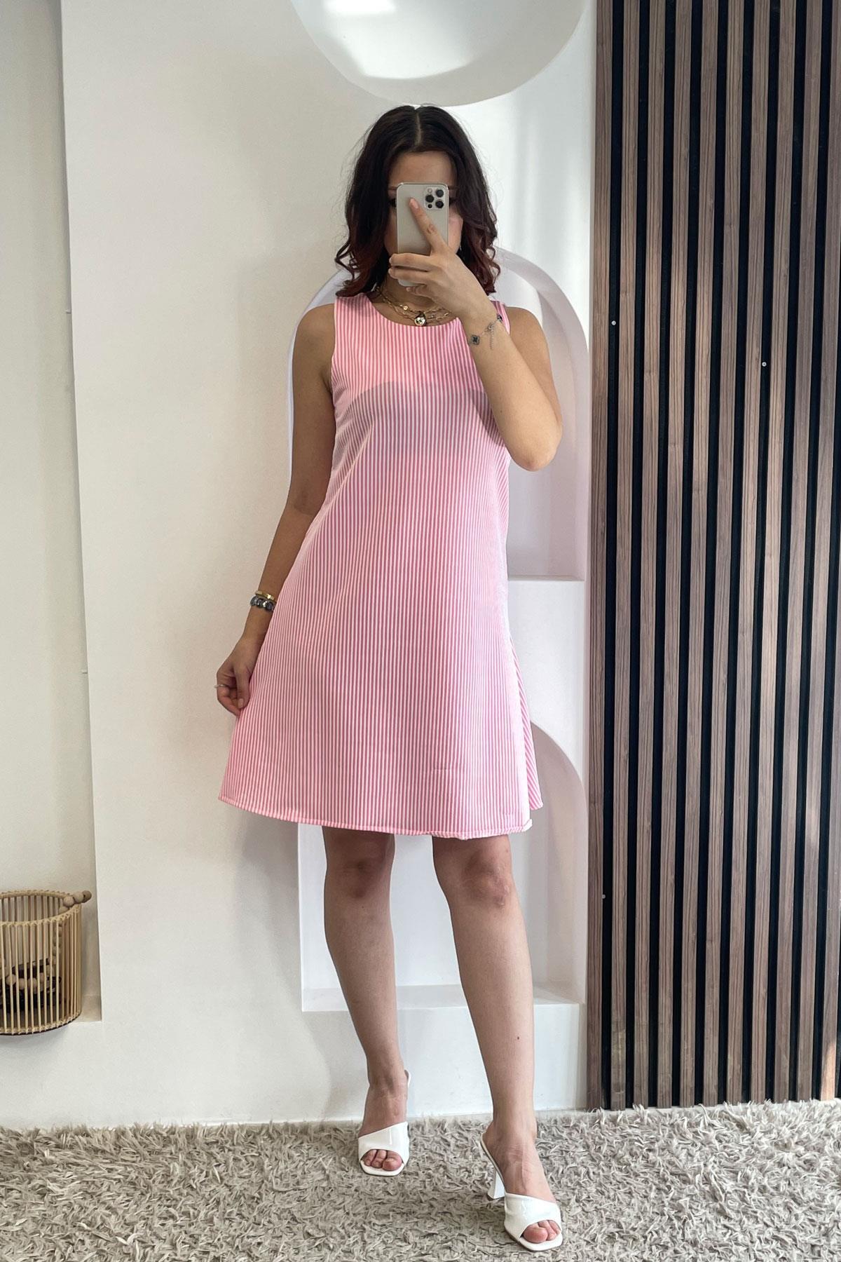 Çizgili Kısa Elbise- Pembe PEMBE