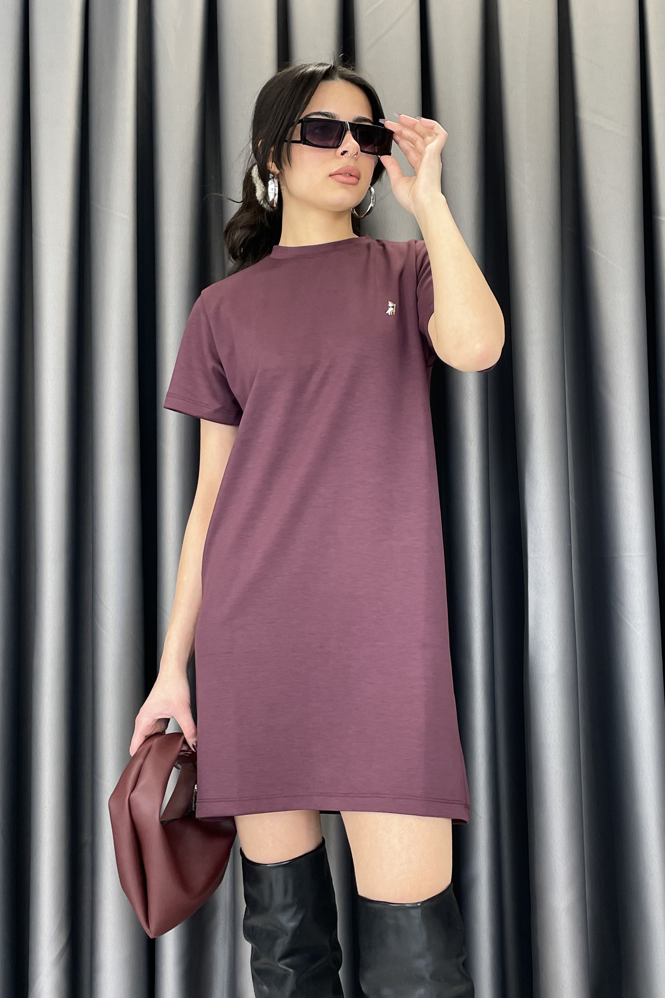 Crep Bisiklet Yaka Göğüs İşleme Kısa Kol Elbise -Bordo BORDO