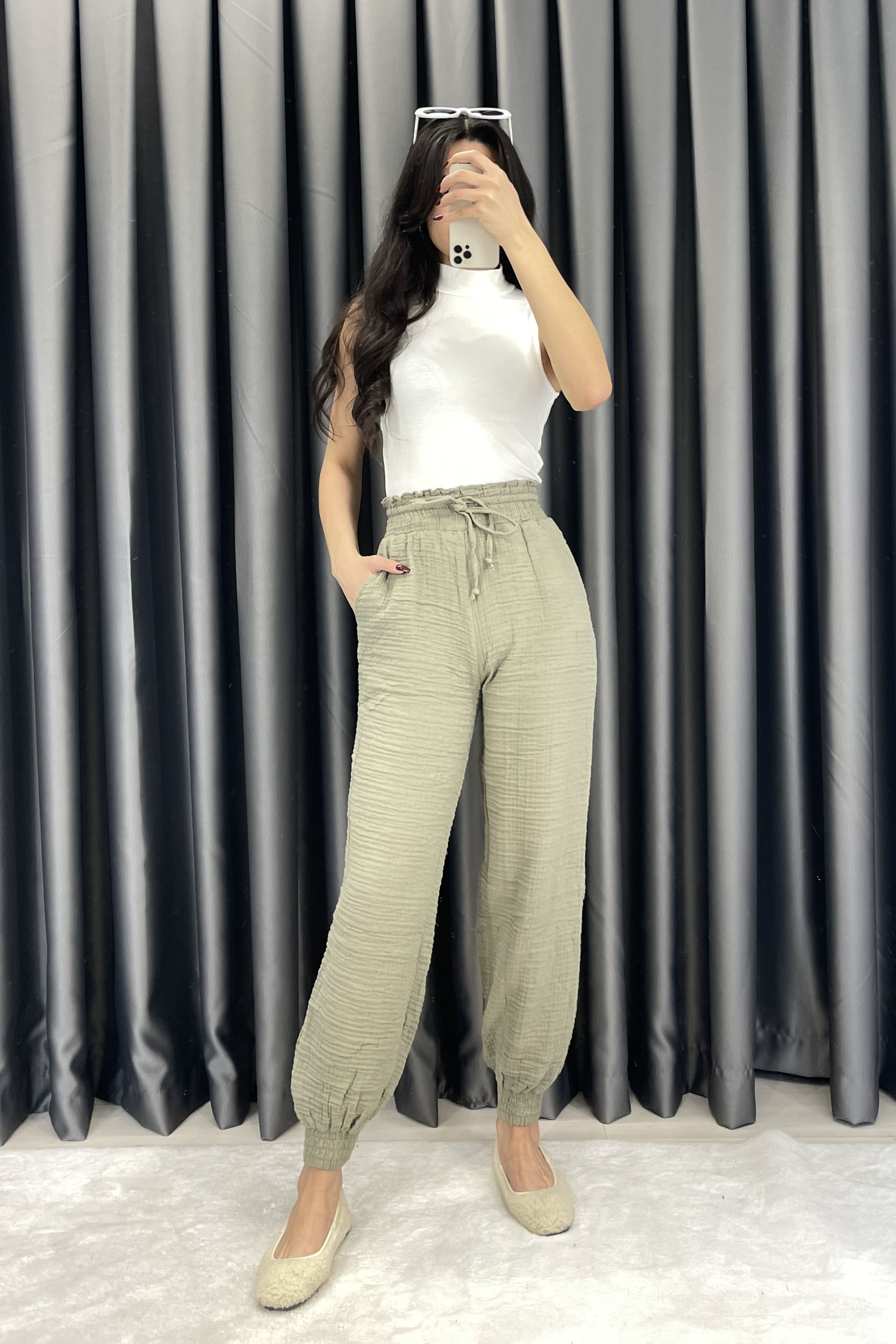Crep Paça Lastikli Keten Pantolon - Haki HAKİ