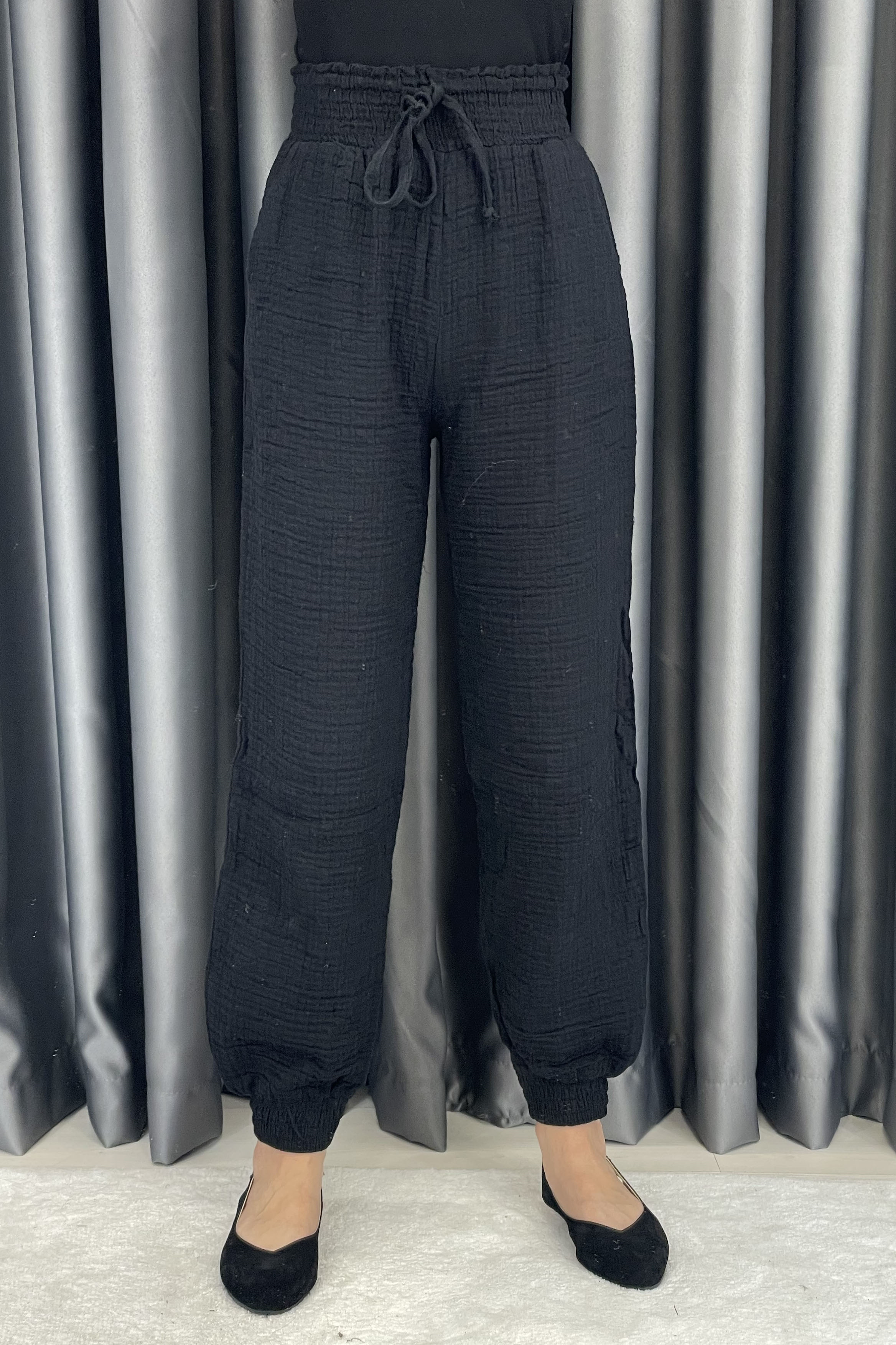 Crep Paça Lastikli Keten Pantolon - Siyah SİYAH