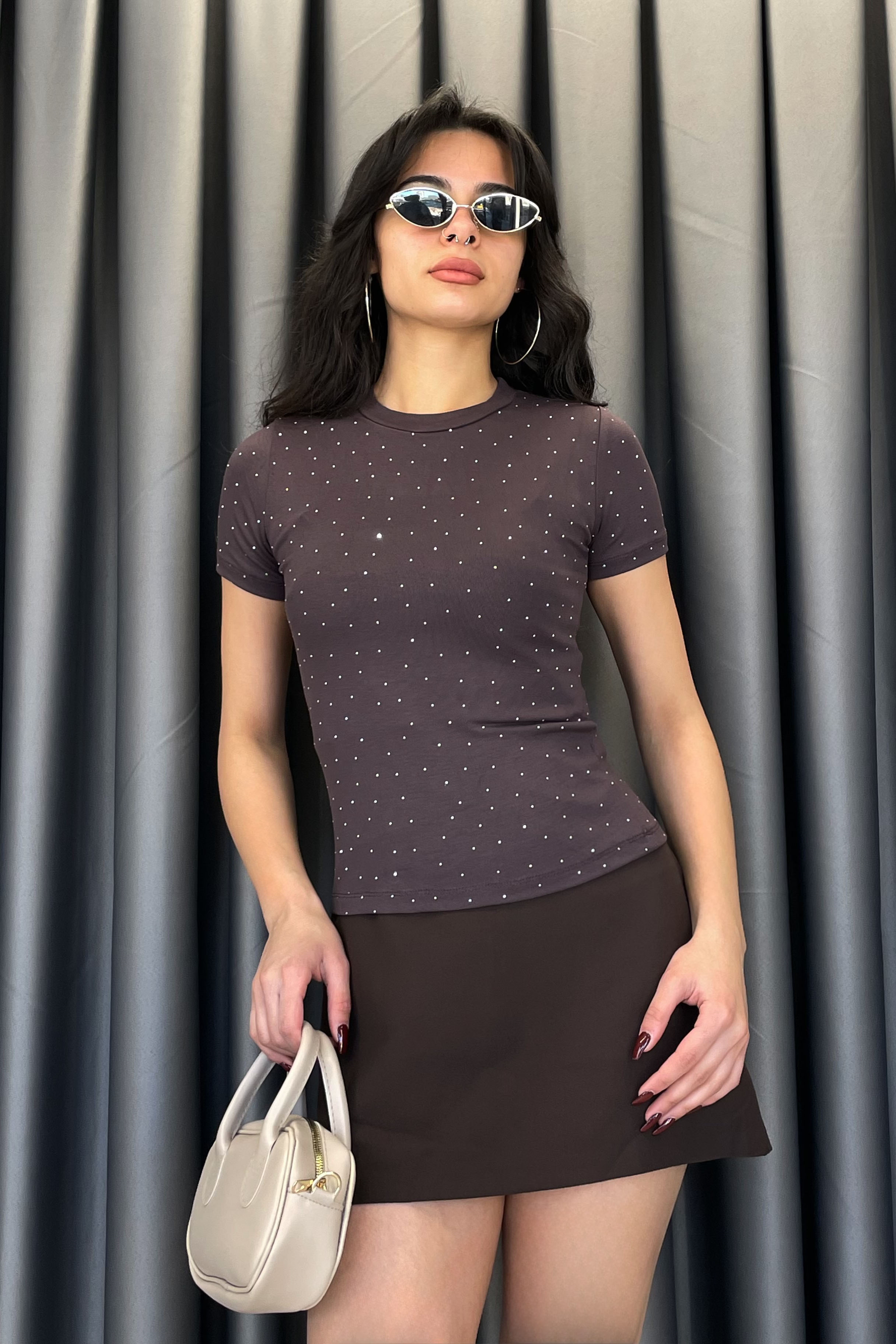 CREP Serpme Taşlı Kısa Kol T-shirt-Kahve KAHVE