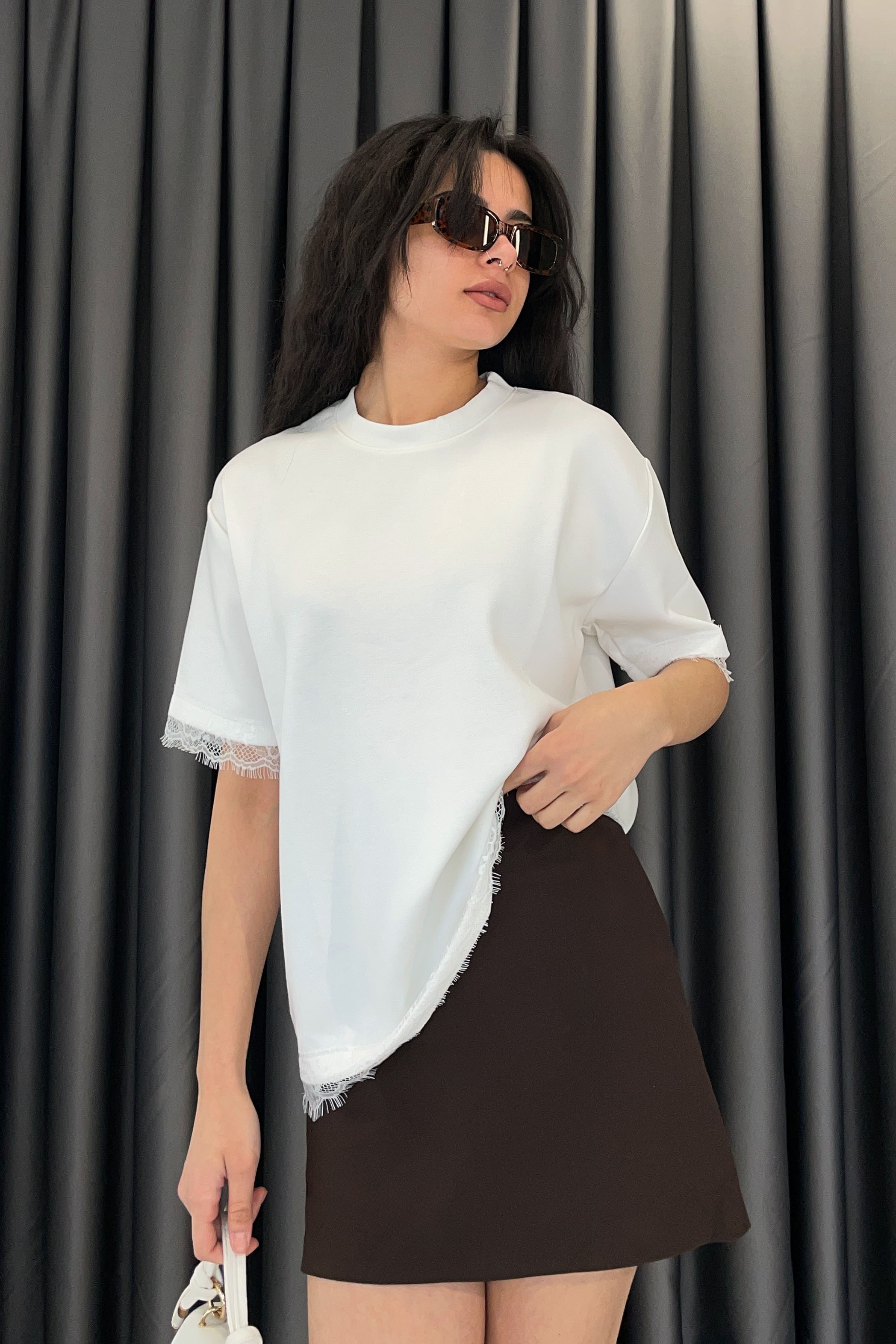 Dantel Detay Basic T-shirt-Ekru EKRU