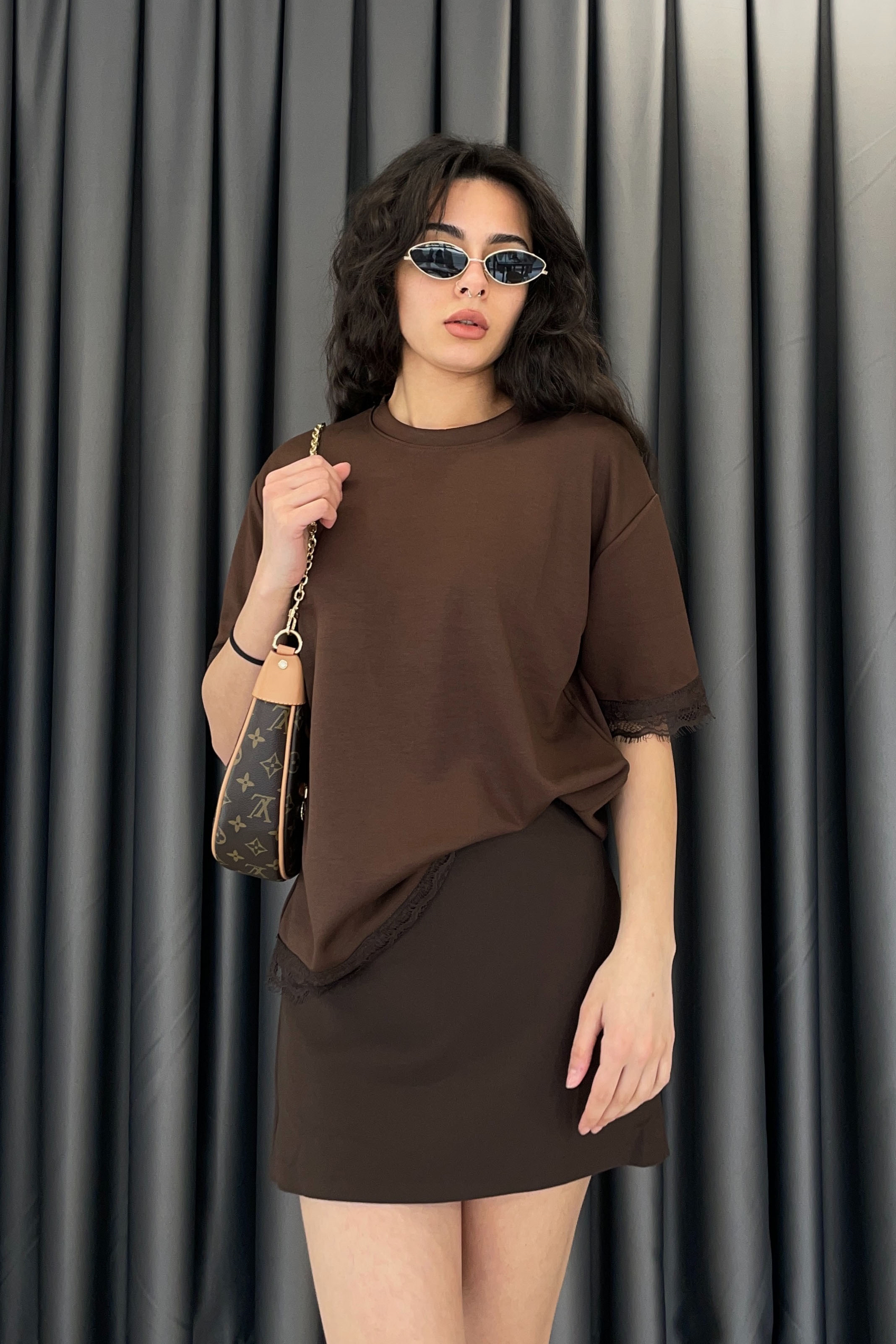 Dantel Detay Basic T-shirt-Kahve KAHVE