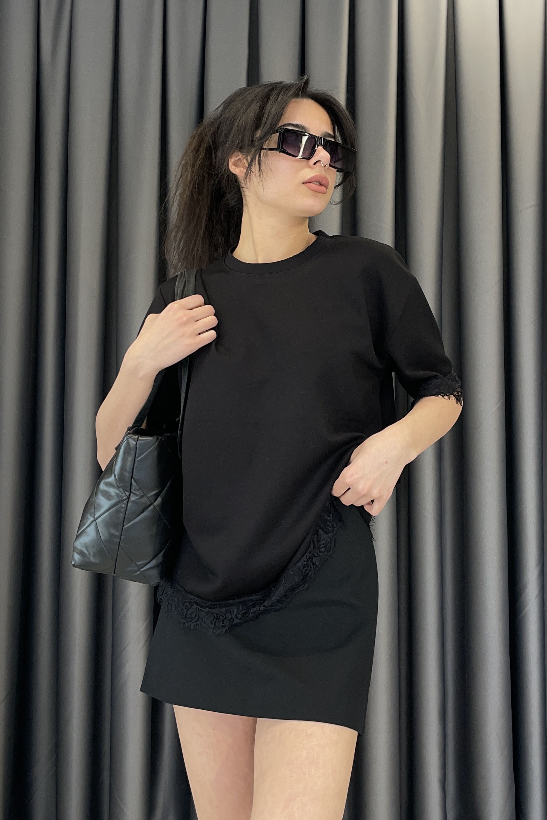 Dantel Detay Basic T-shirt-Siyah SİYAH