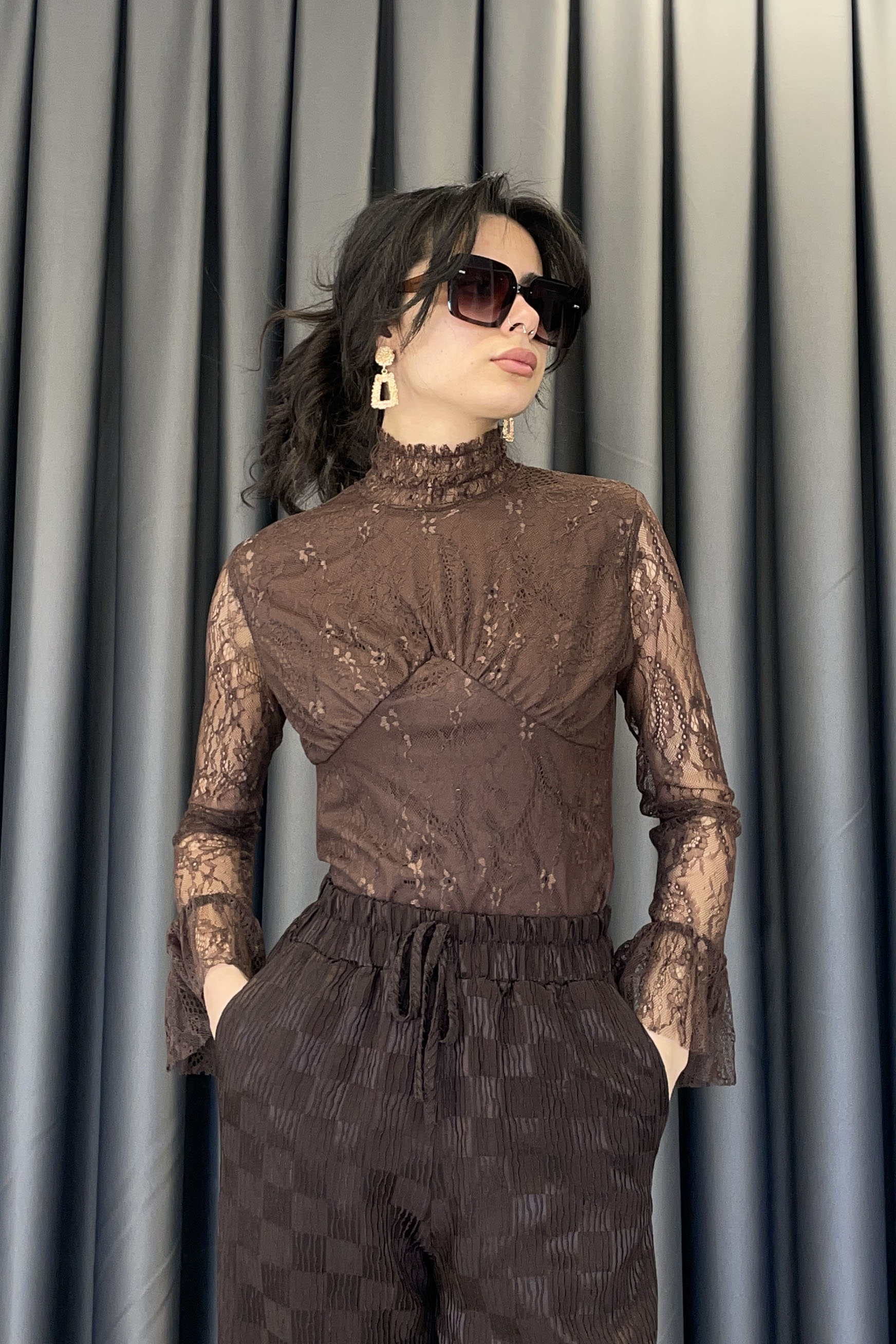 Dantelli İspanyol Kol Bluz-Acı Kahve Acı Kahve