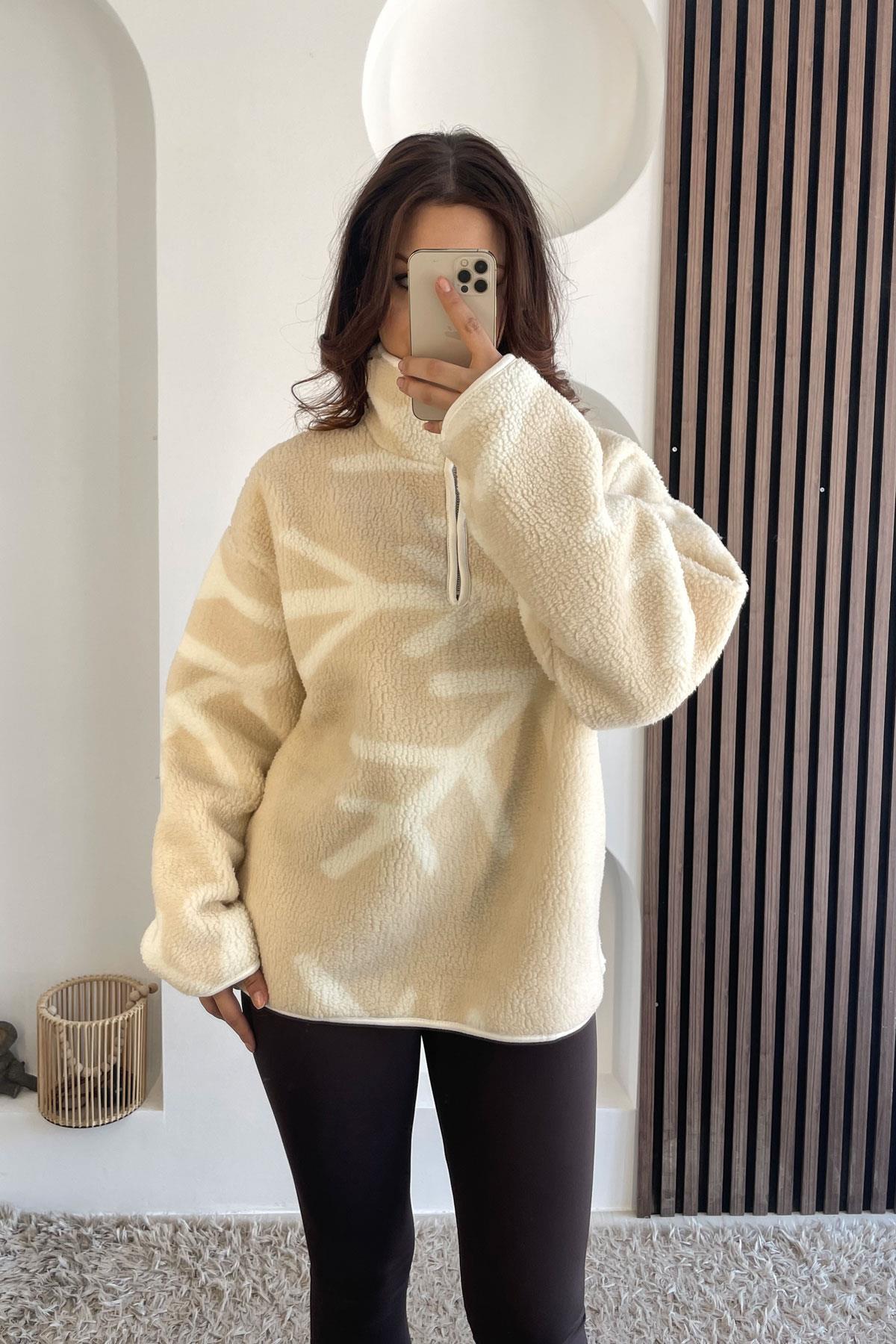 Dik Yaka Fermuarlı Mercan Peluş Sweatshırt - Krem KREM