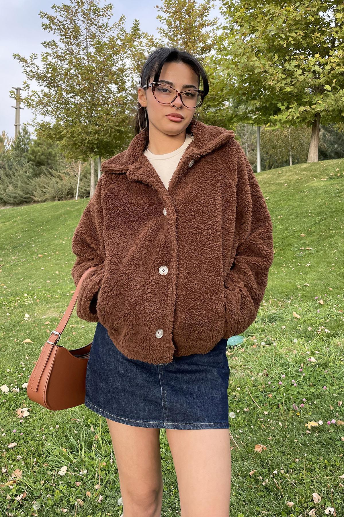 Düğme Detay Peluş Mont - Kahve KAHVE