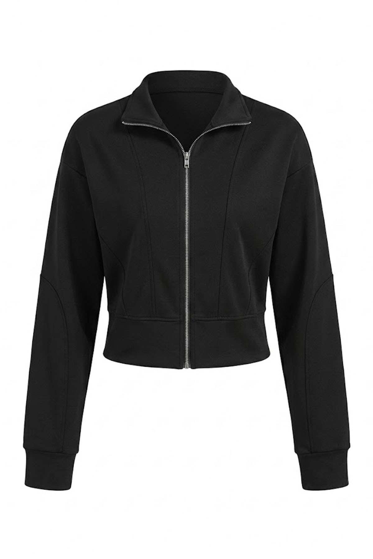 FERMUARLI DİK YAKA SWEAT SİYAH