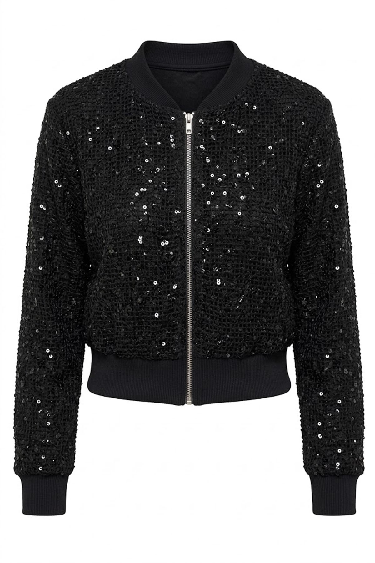 FERMUARLI PUL PAYET SWEATERS SİYAH