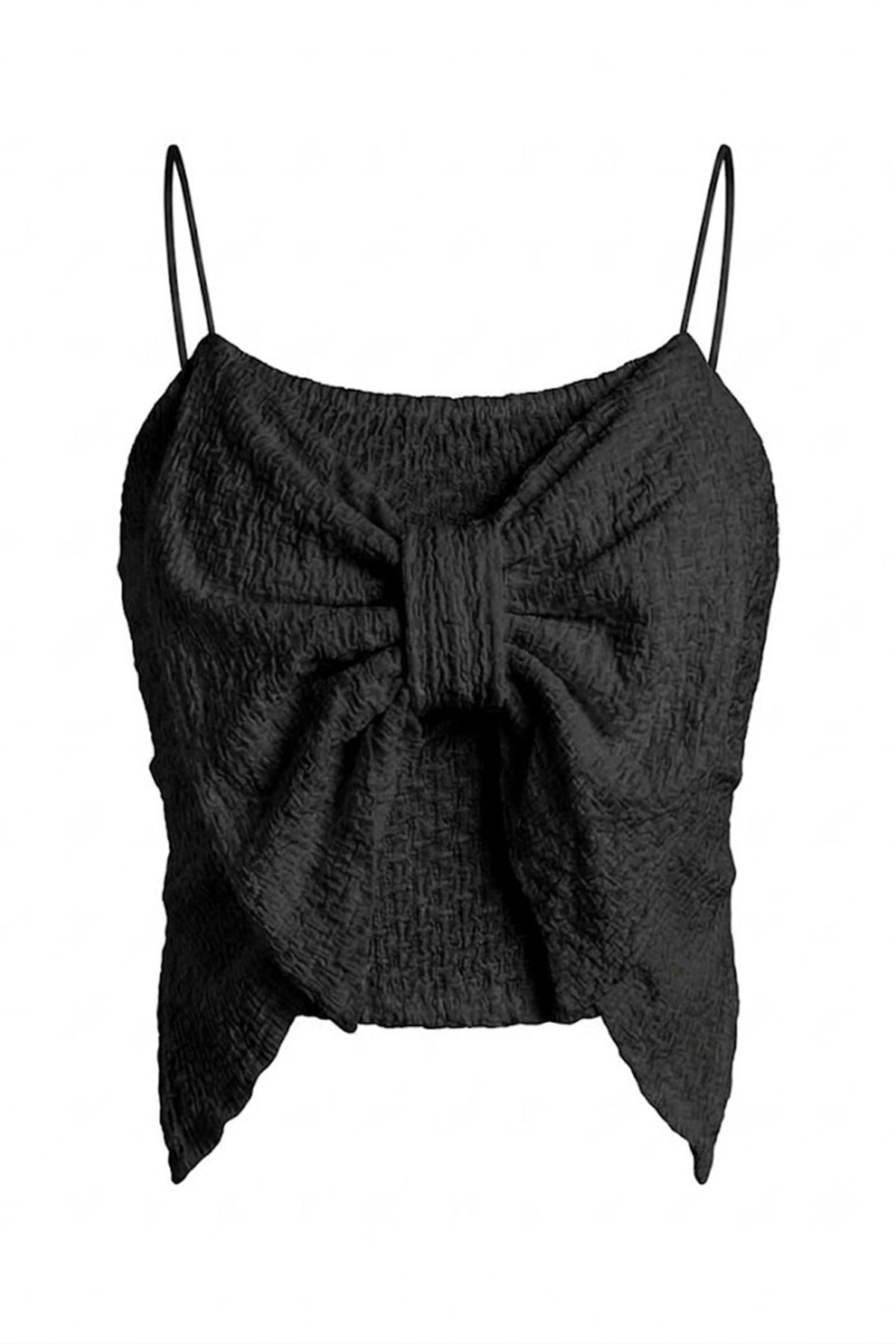 Fiyonk Detay Kabartma Kumaş Crop-Siyah SİYAH
