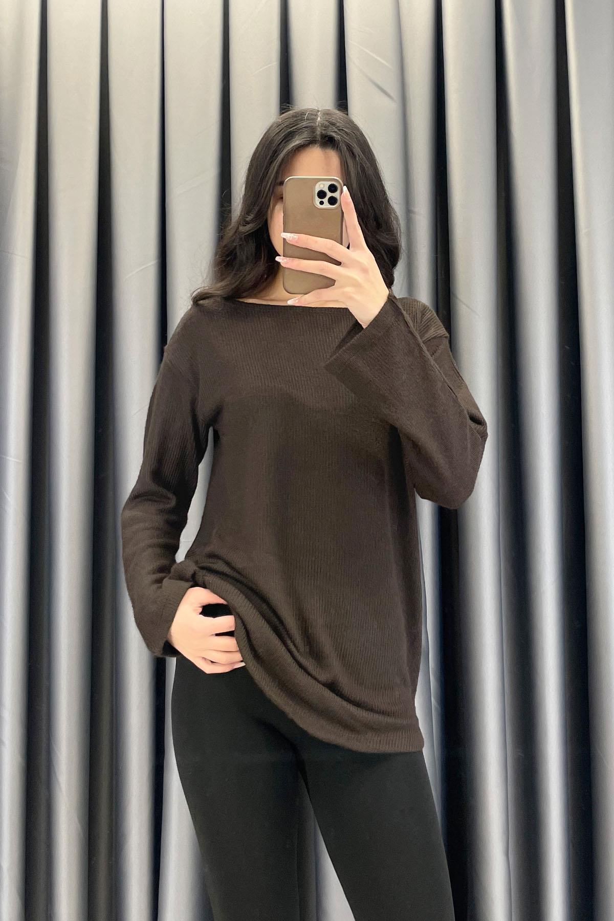 Geniş Yaka Tunik - Kahve KAHVE