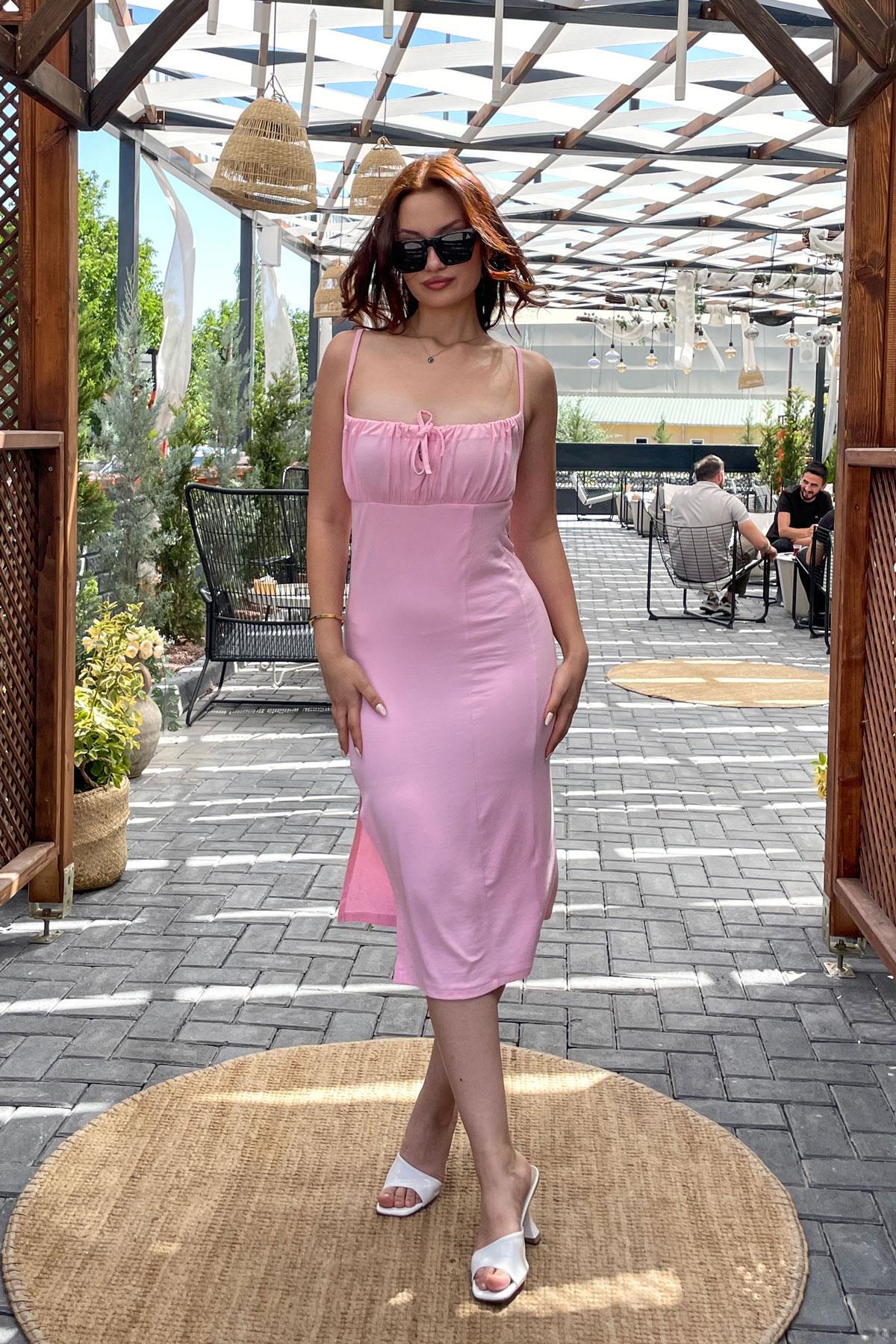 Göğüs Büzgü Askılı Elbise-Pembe PEMBE