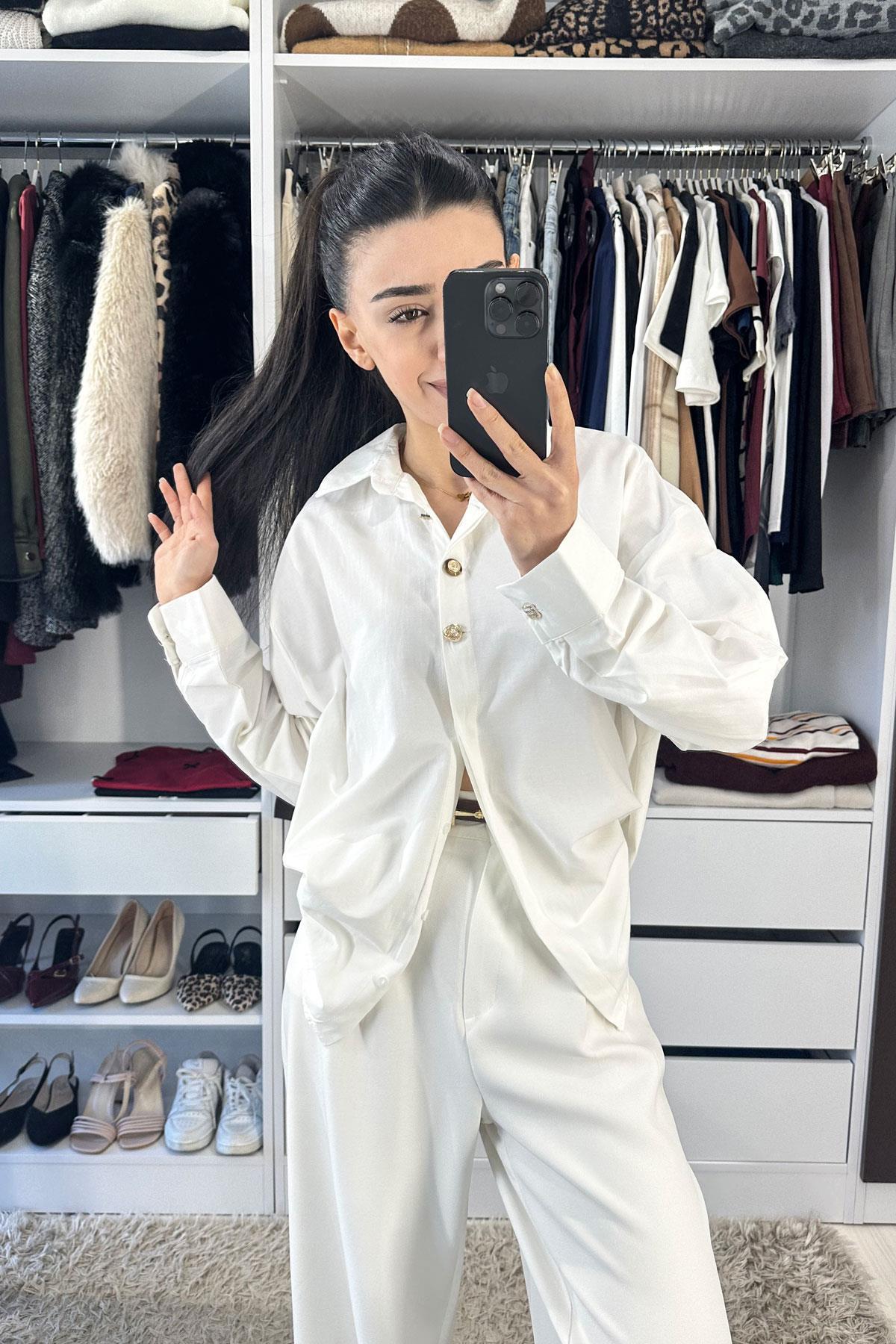 Gold Üç Düğme Oversize Gömlek - Ekru EKRU