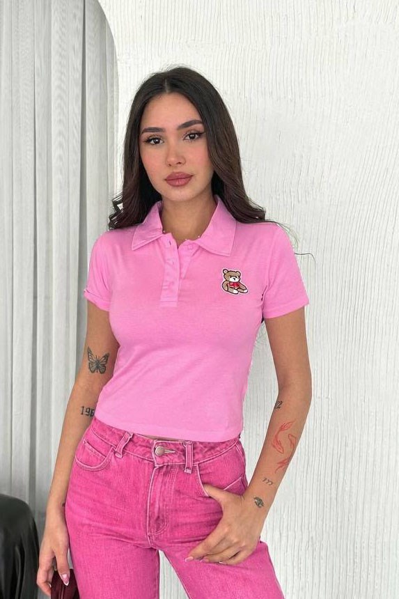 Gömlek Yaka Ayıcık Nakış İşleme T-shırt - Pembe PEMBE