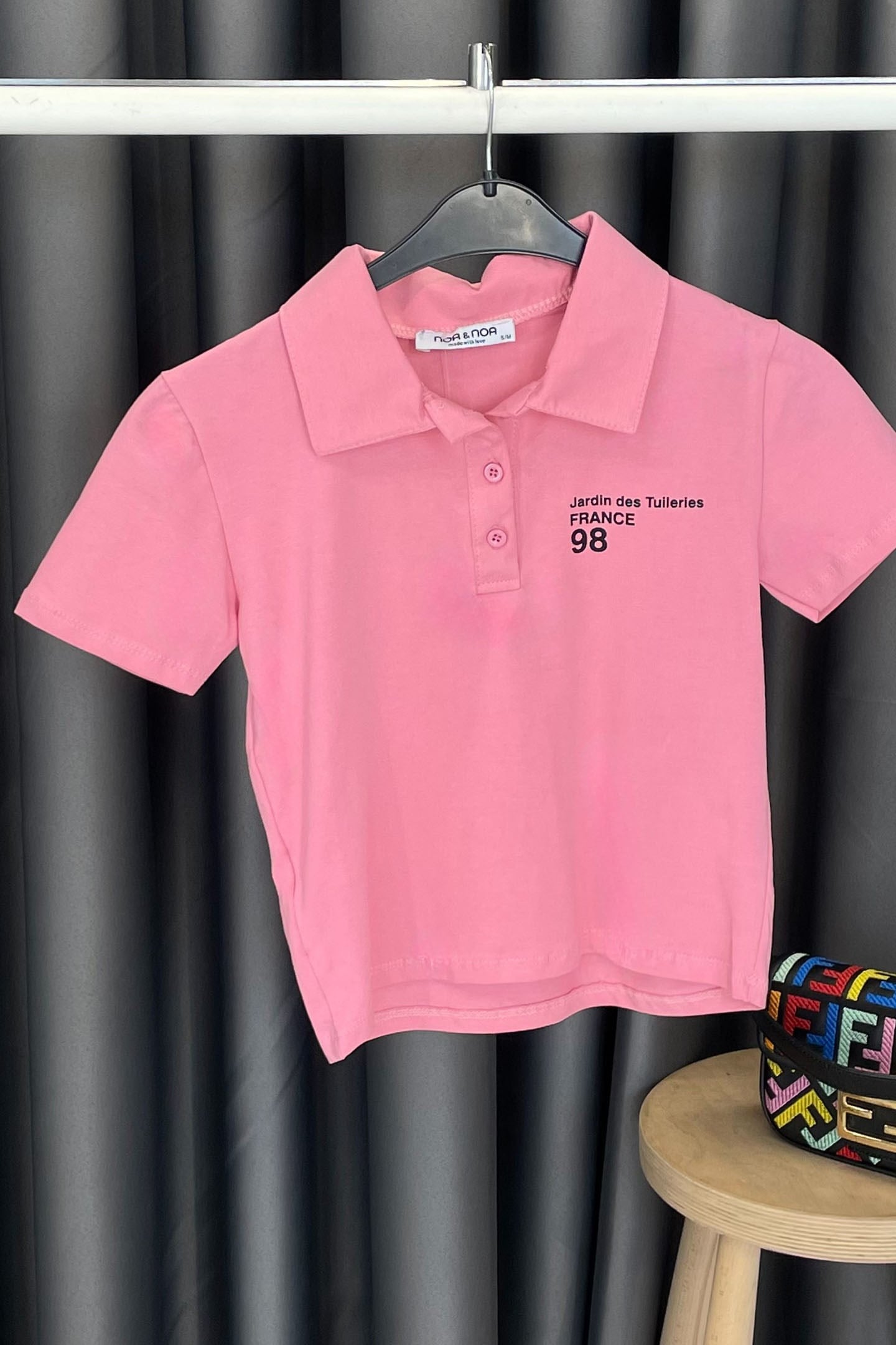 Gömlek Yaka Düğmeli Yazı Baskılı T-shırt - Pembe PEMBE